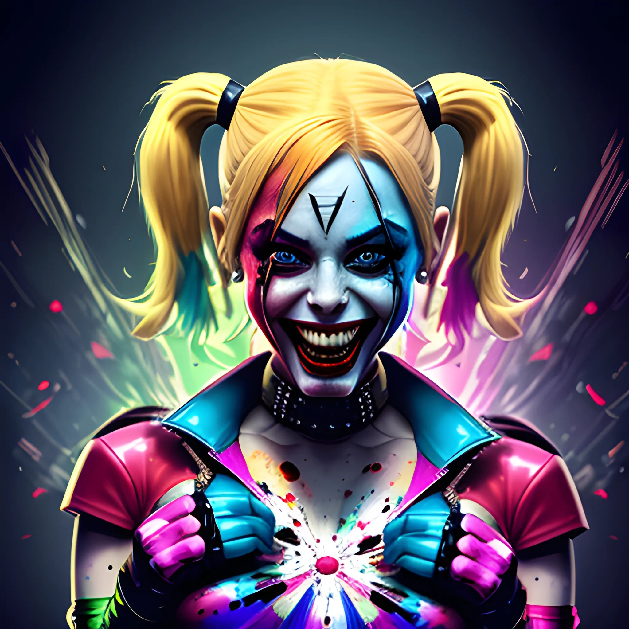 , ddmarvel comics  Style, harley quinn on a dark background, evil laugh, villianpunk portraiture, splattered oil paint, iridescence, shiny latex rubber, cyberpunk, atompunk, volumetric light, pulp illustration, photorealism, raking light, cinematic lighting, backl
