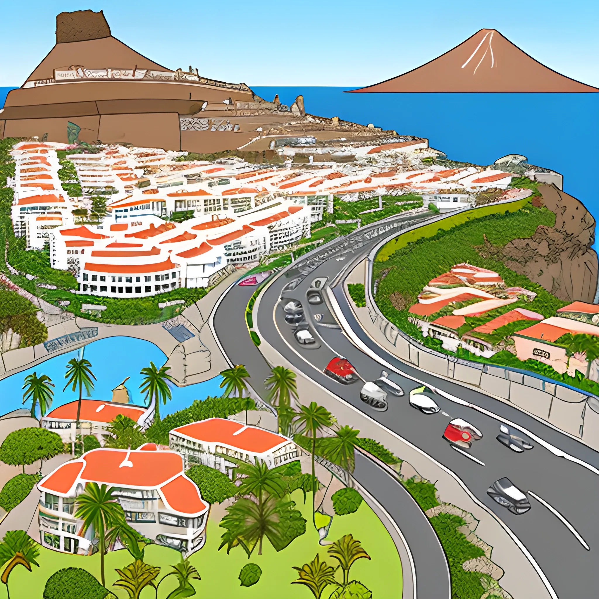 generates a cartoon image of the island of Tenerife crushed with hotels and roads full of cars
