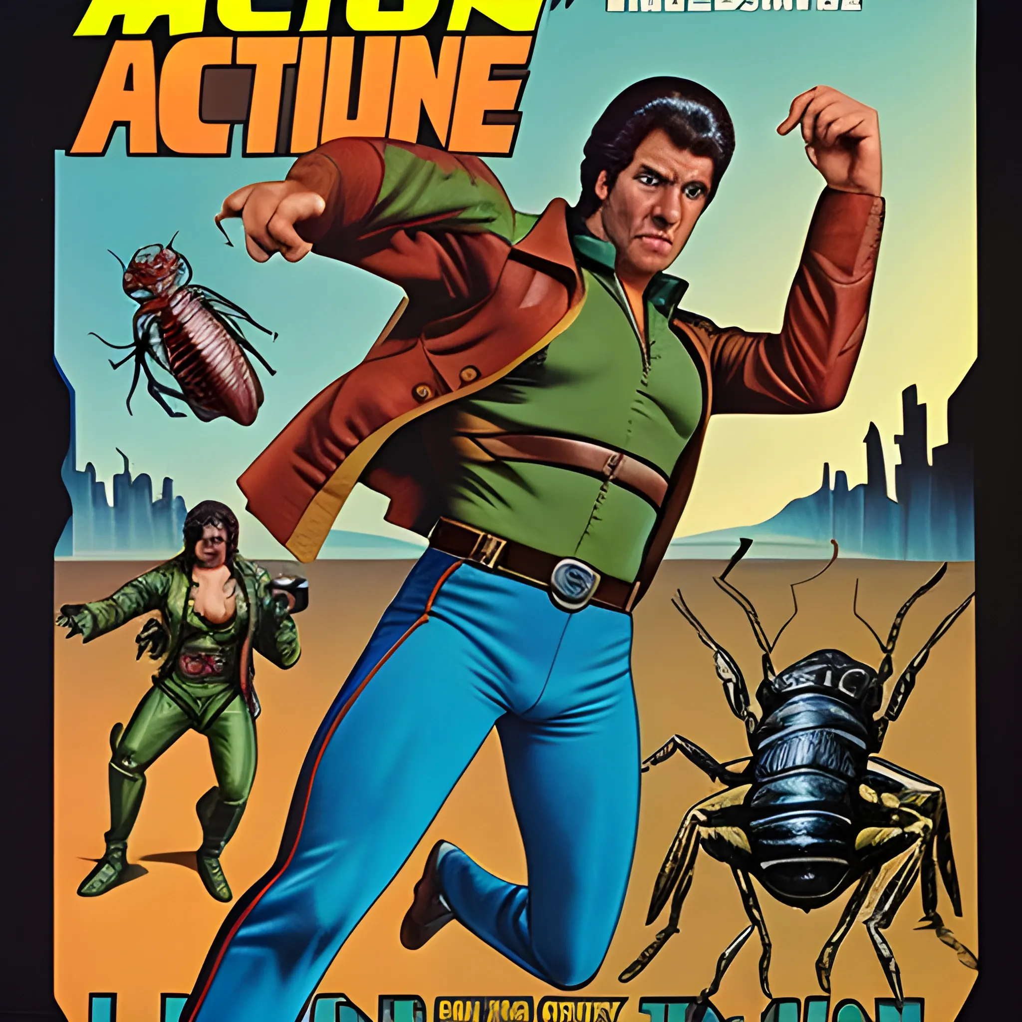 70s action adventure man with brain eating bug

