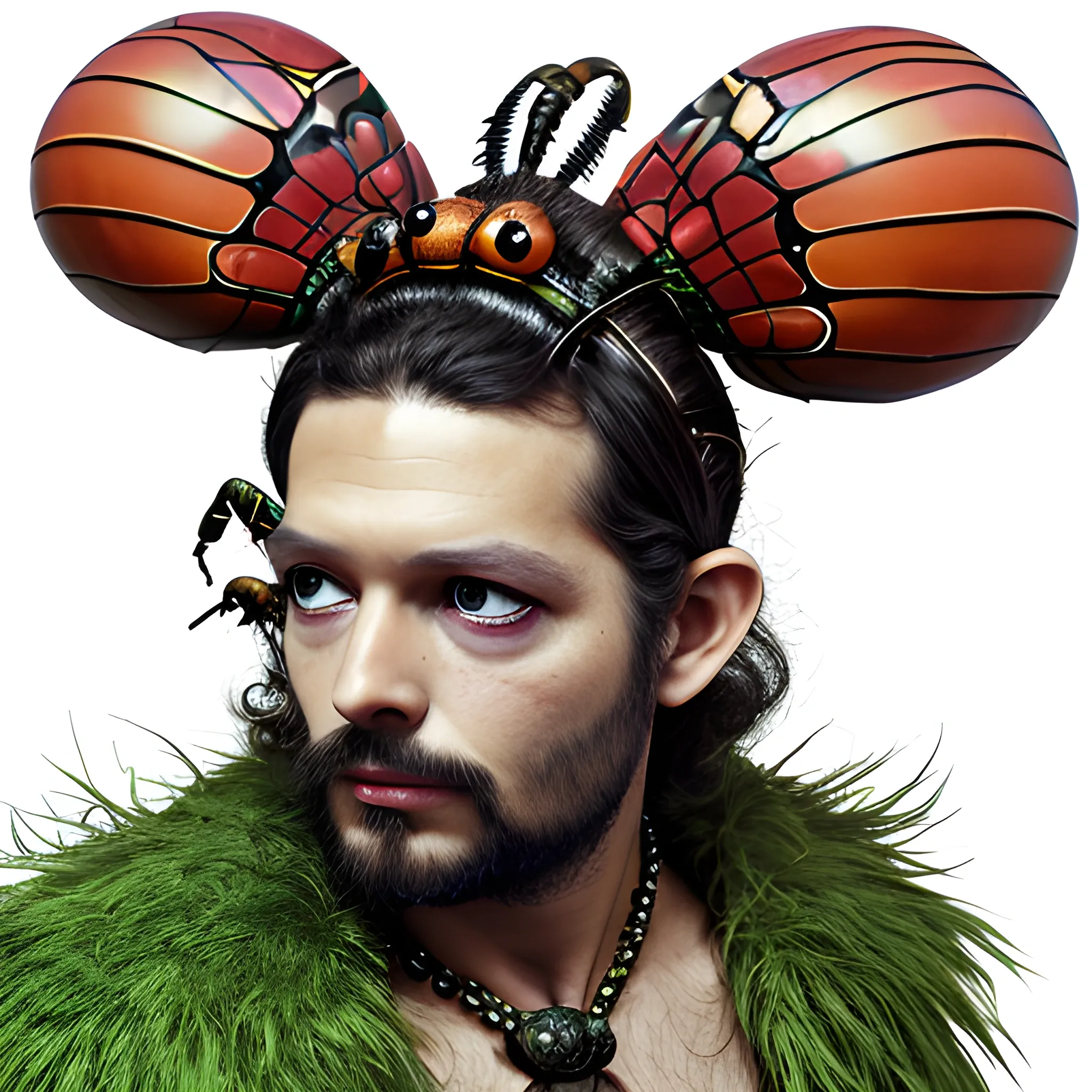 70s fantasy insect monster attached to man's head


