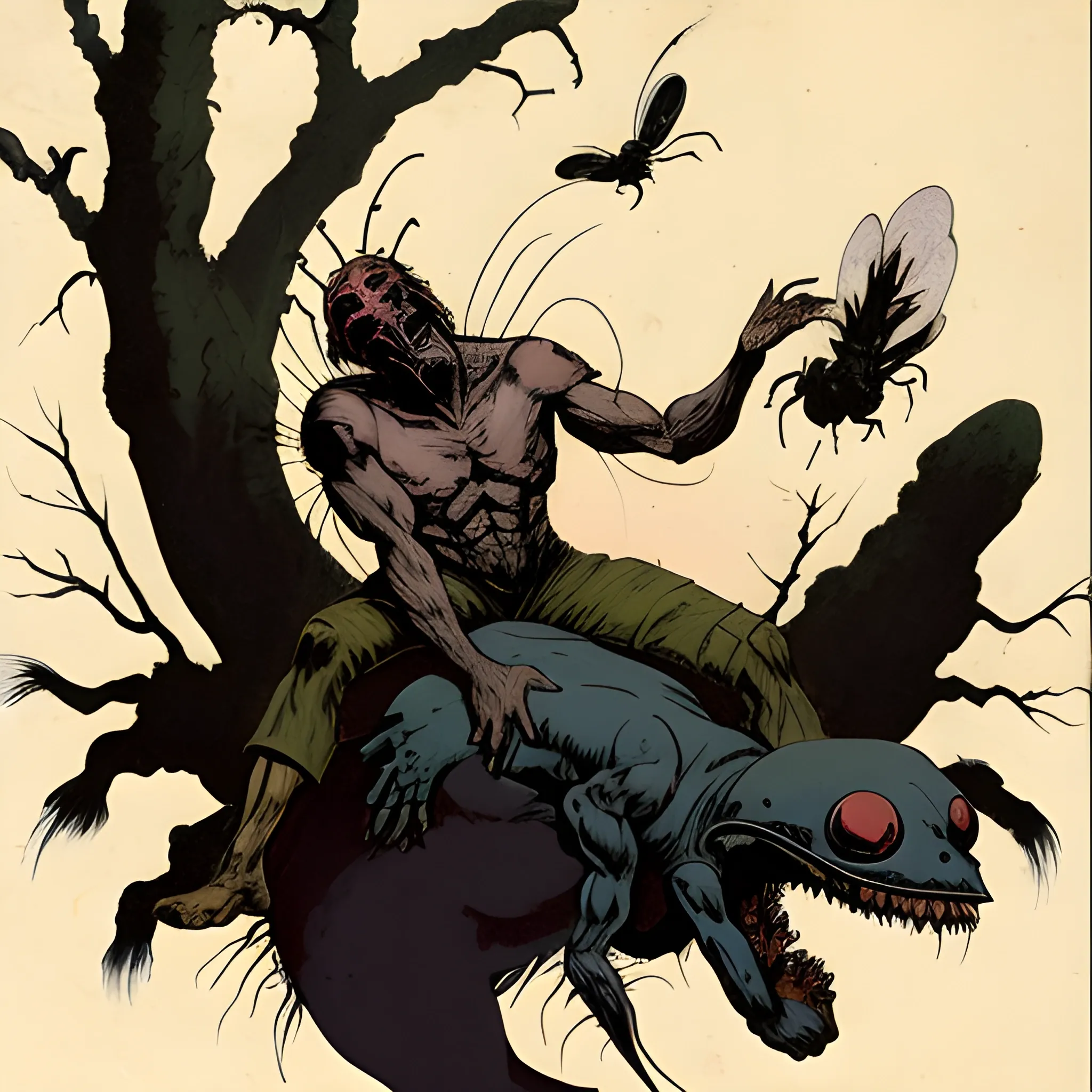 frank frazetta style leech insect attached to the back of screaming man's head as his brain gets sucked out in a haunted forest

