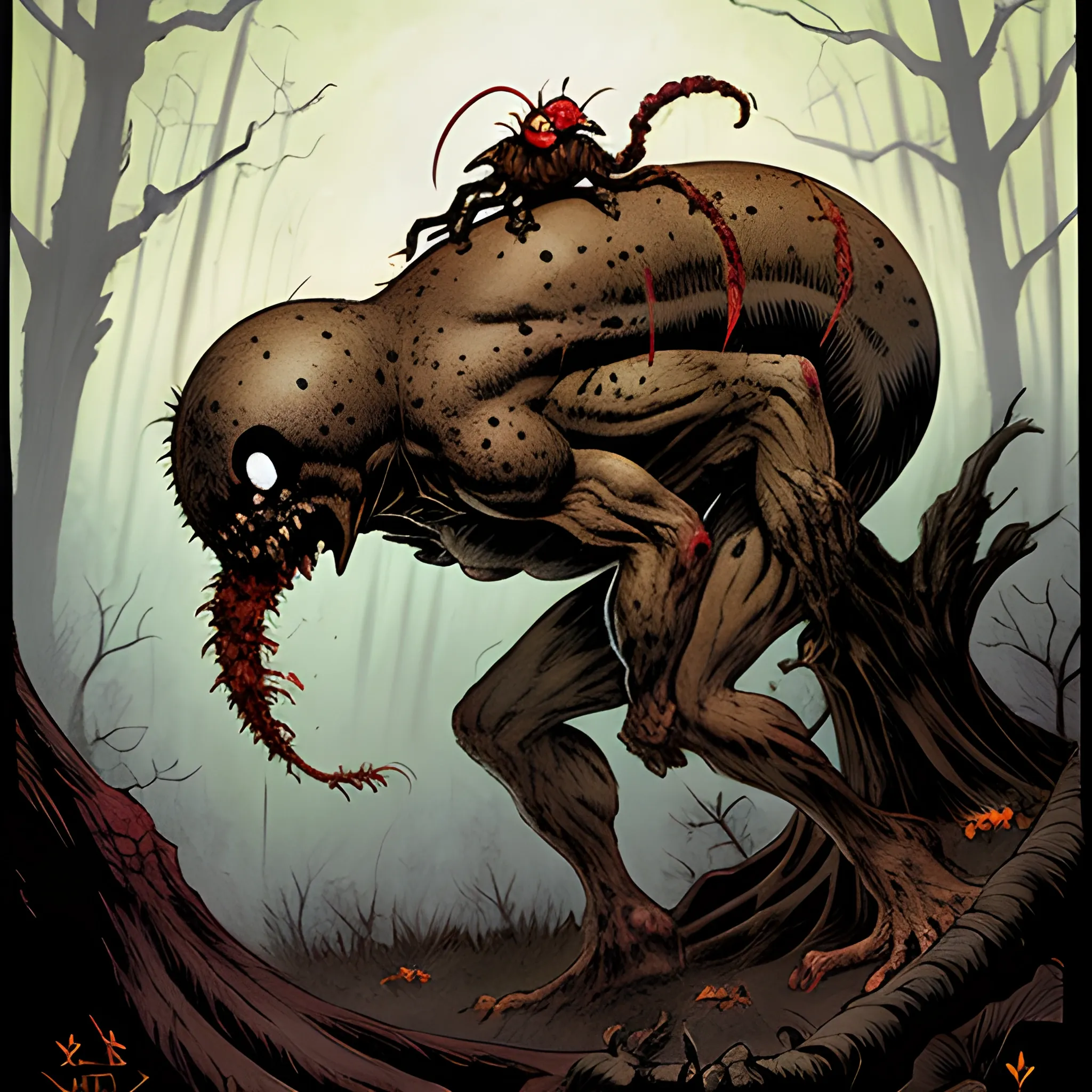 frank frazetta style tick monster sucking the brain out of a decapitated head in a haunted forest

