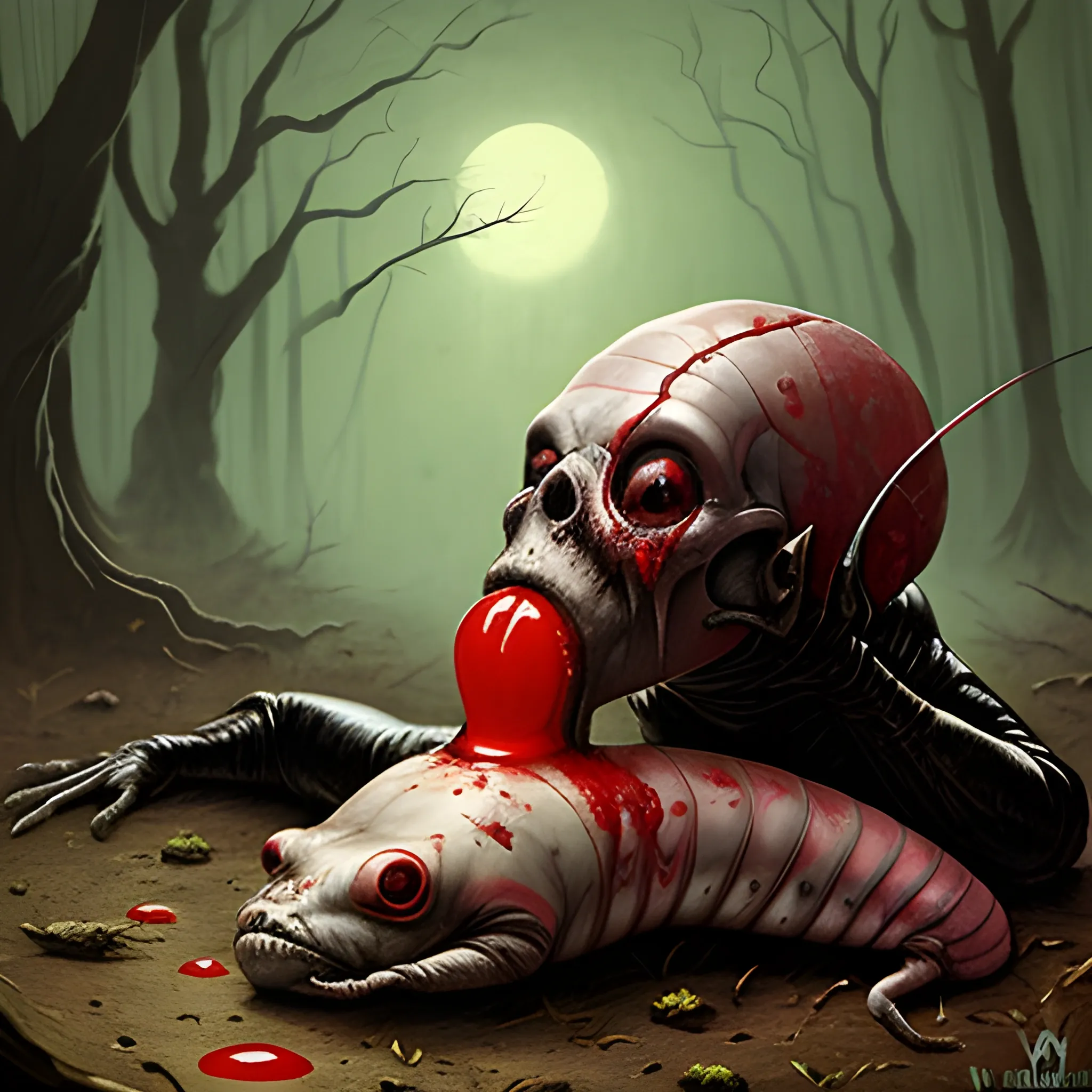 frank frazetta style blood filled leech creature sucking the brain out of a decapitated head on the ground in a haunted forest

