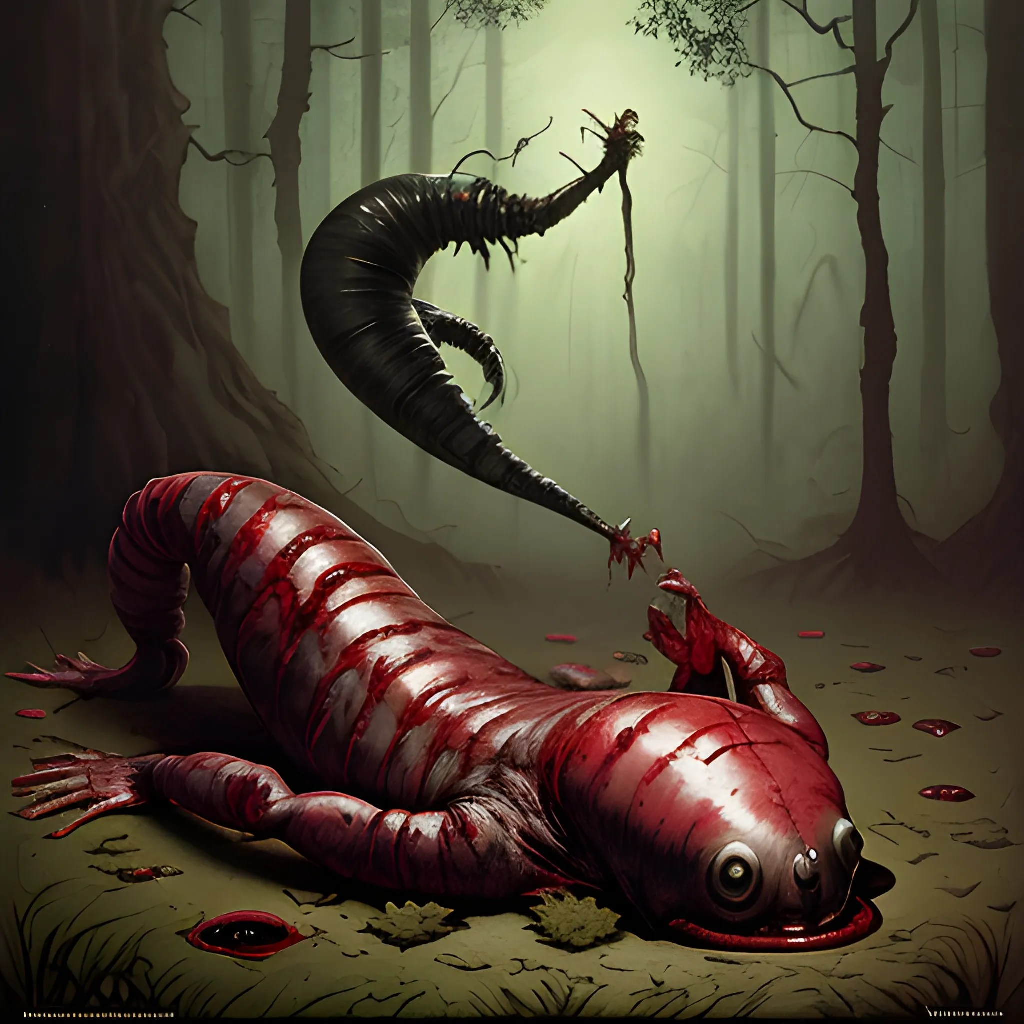 frank frazetta style blood filled leech creature sucking the brain out of a decapitated human head on the ground in a haunted forest

