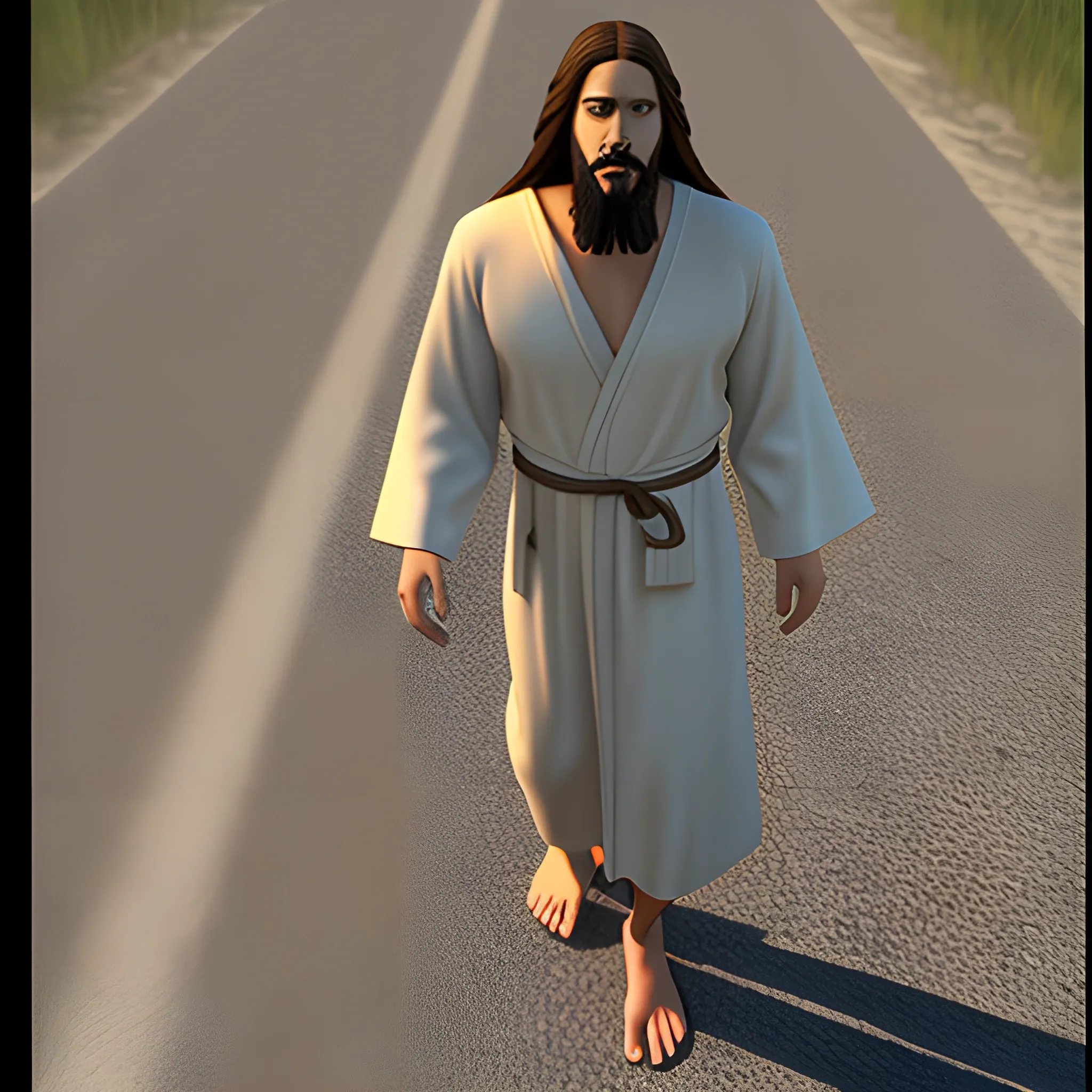 Jesus walking the road in a flowing robe and long beard., 3D