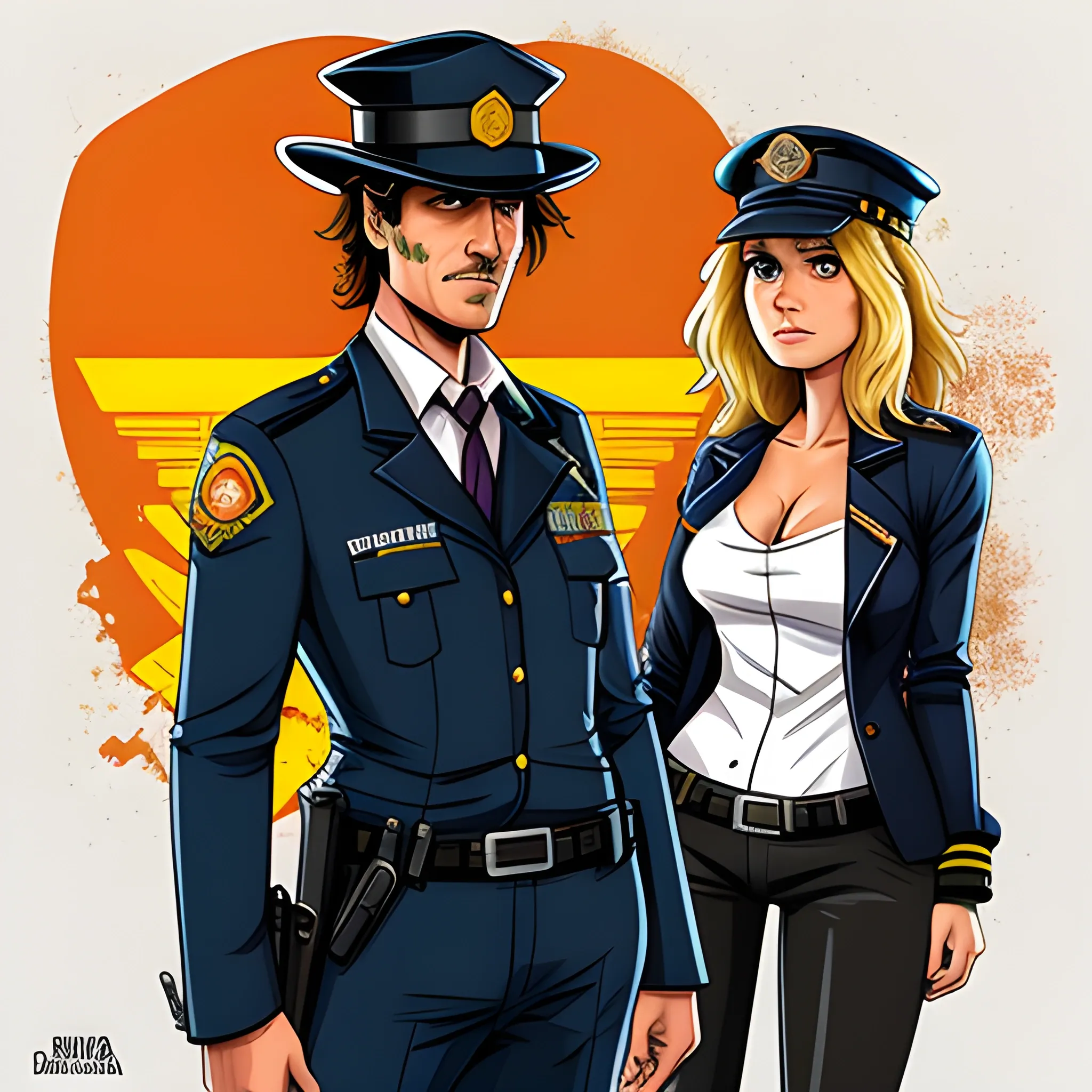 delante un detective de homicidios  rockero con melena y otro detective calvo al lado ,detrás una chica morena, otra chica rubia y una chica guardia civil , Cartoon