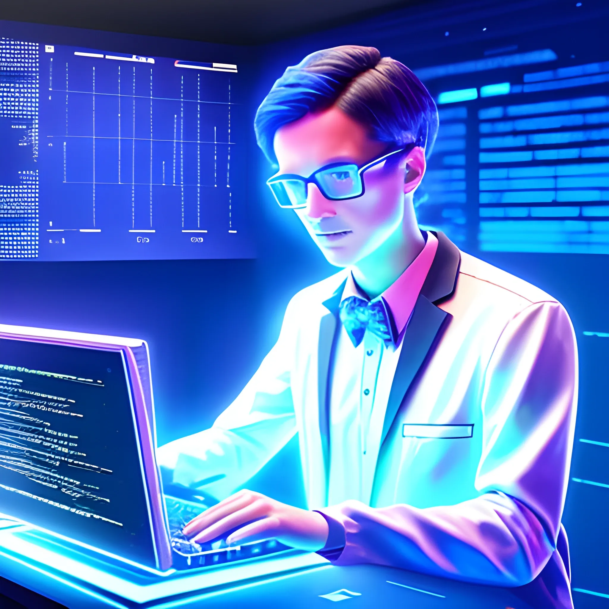 A virtual view of a holographic professor, evaluating a topic with leads, in a server environment with some touches of binary code on the stage, with blue monitor lighting