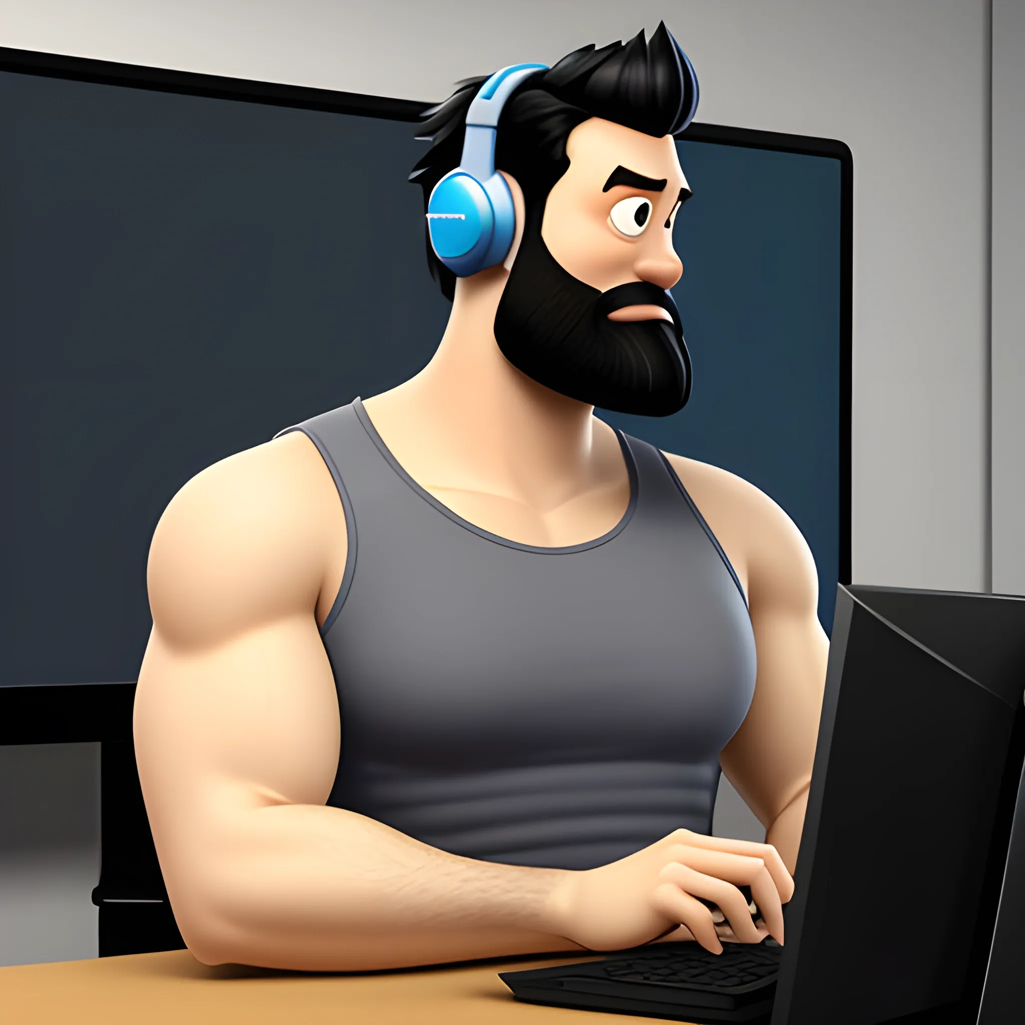 a pixar inspired 3d art of a 27 year old man, with black hair, medium beard, and using a grey tanktop shirt. He is using his computer, with a widescreen monitor, using a blue headset, in front of a webcam, teaching an english class to his student