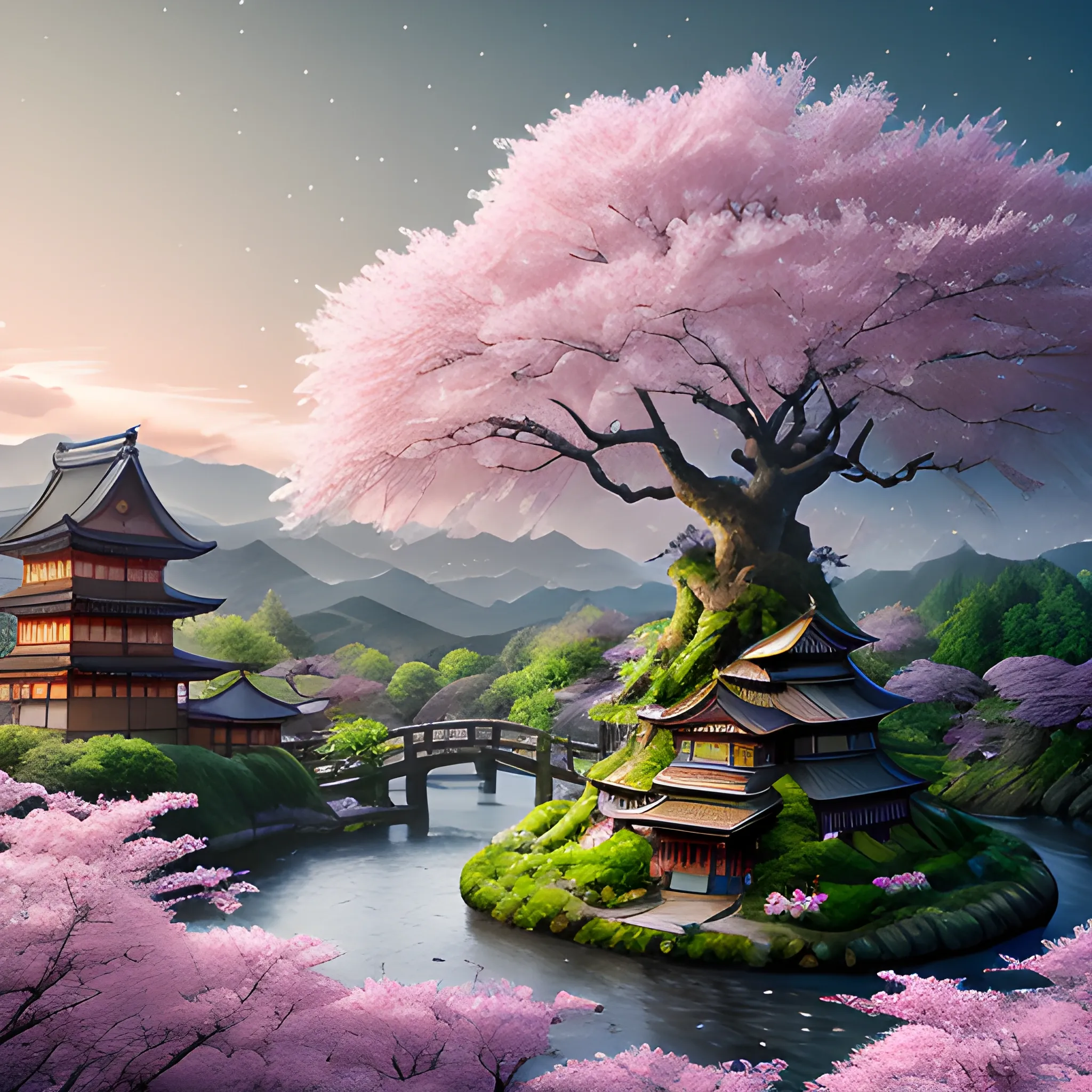 vast fantasy landscape with a giant cherry blossom tree, a suspended village is built on the tree, lots of fairy lights, high detail, japanese fantasy, rural japan, beautiful landscape, forests, mountains, waterfalls, rivers, lotr, dramatic lighting, high detail, intricate, high quality, 8k, high resolution, ultra realistic, --ar 16:9 --test