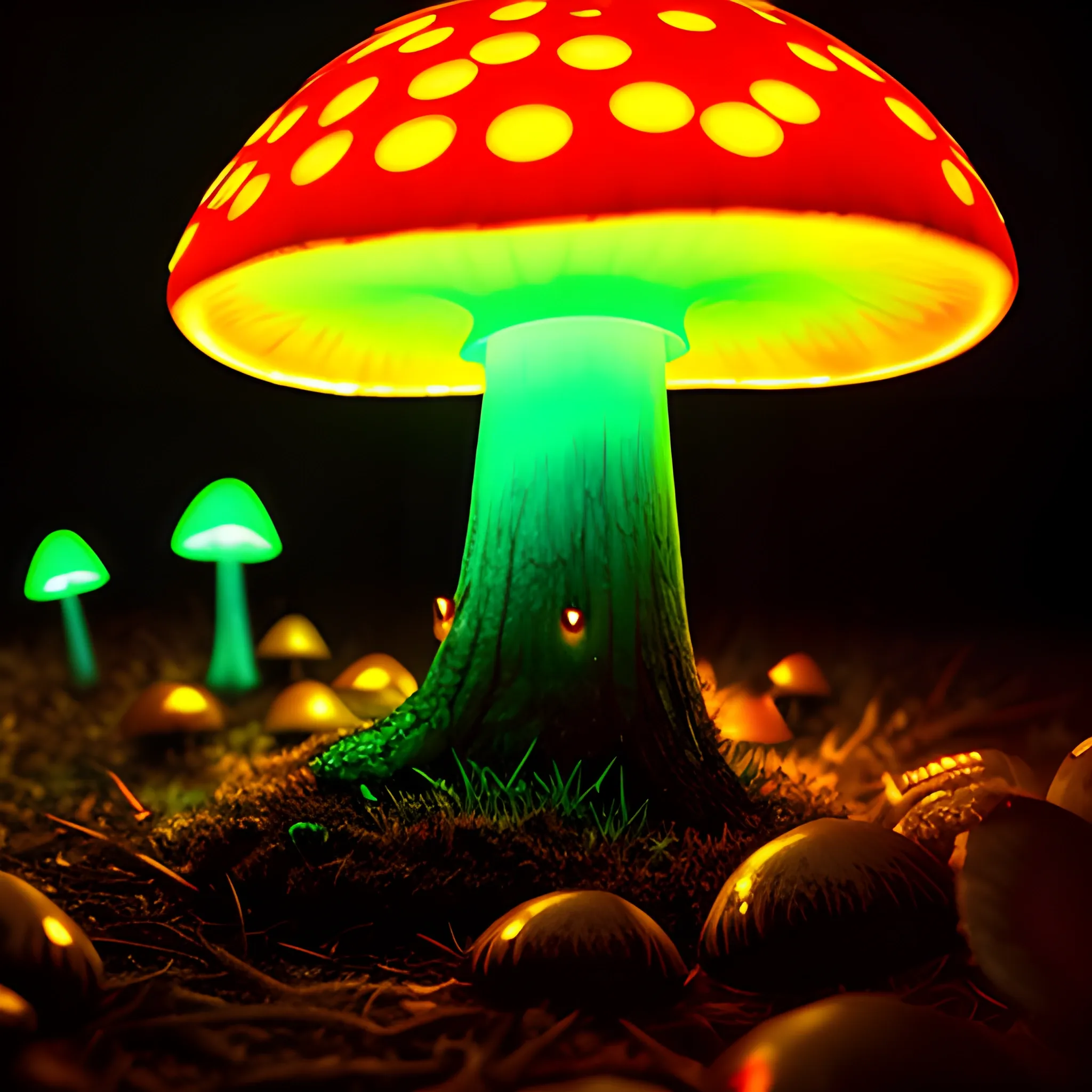 (dark shot:1. 1), luminous backlit glowing forest mushroom, drops, neon lights around the mushroom, faded, hyperdetailed