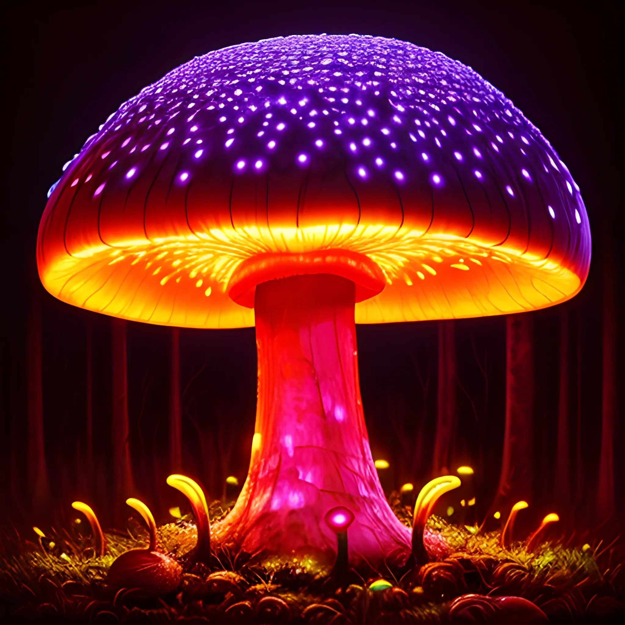 (dark shot:1. 1), luminous backlit glowing forest mushroom, drops, neon lights around the mushroom, faded, hyperdetailed, Oil Painting