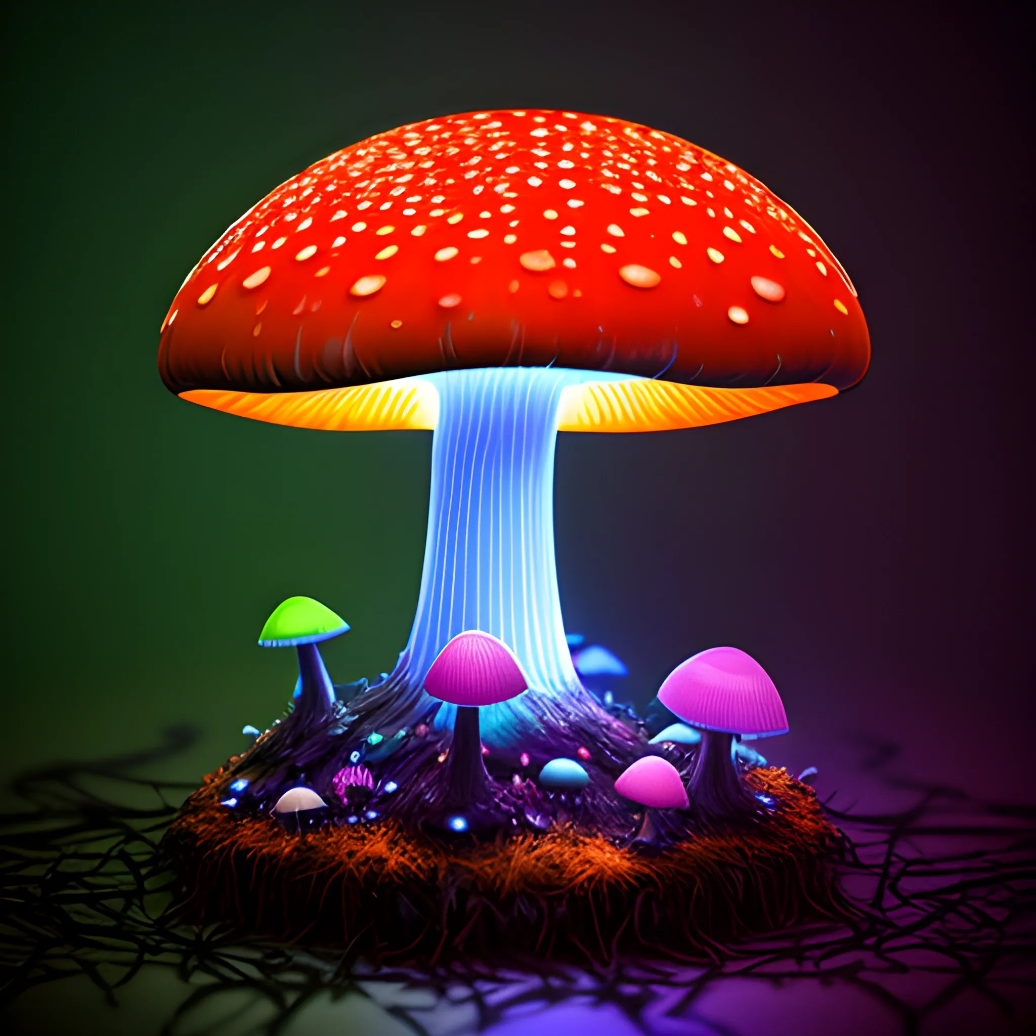 (dark shot:1. 1), luminous backlit glowing forest mushroom, drops, neon lights around the mushroom, faded, hyperdetailed, Oil Painting, 3D, 3D