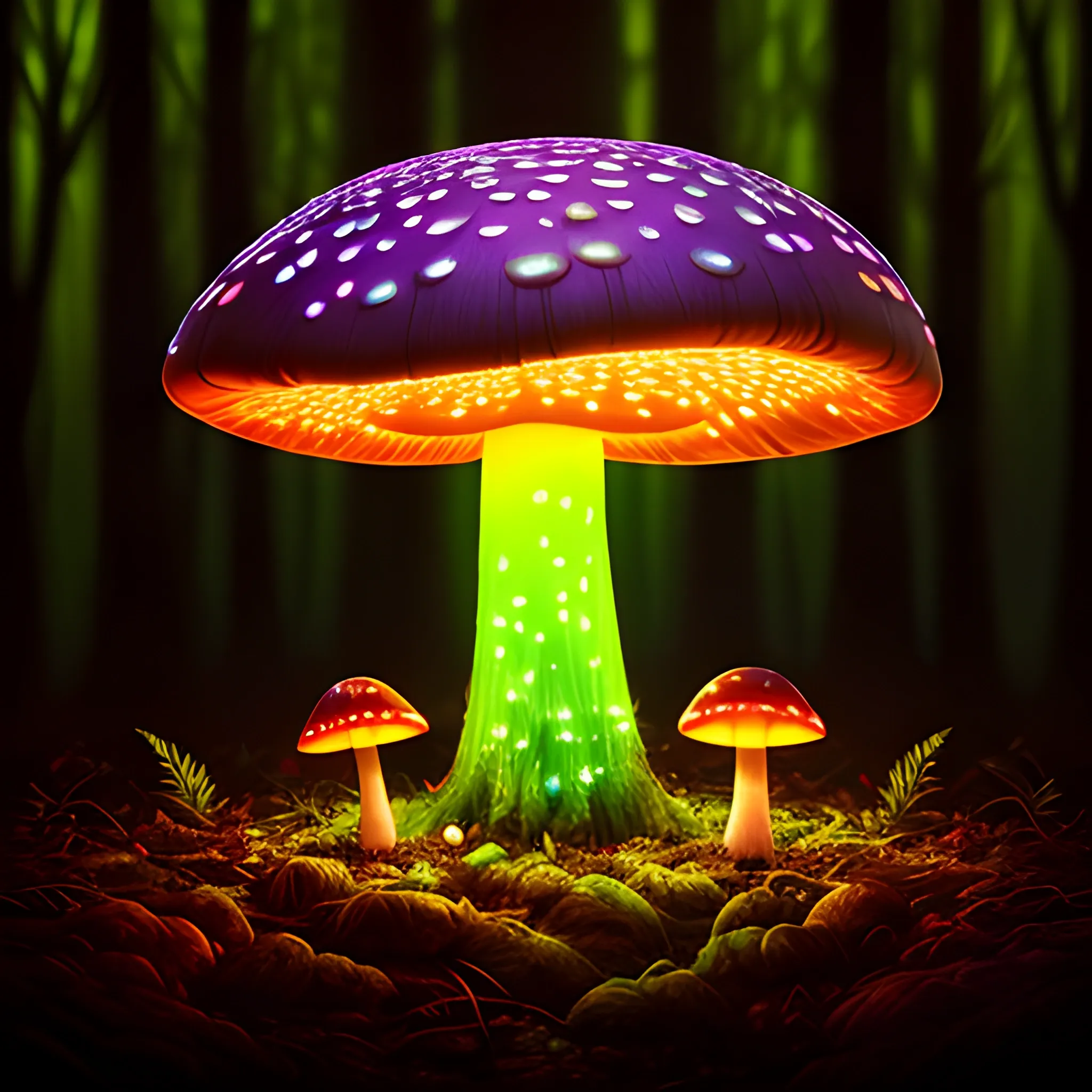 (dark shot:1. 1), luminous backlit glowing forest mushroom, drops, neon lights around the mushroom, faded, hyperdetailed, Oil Painting, 3D, 3D, Cartoon