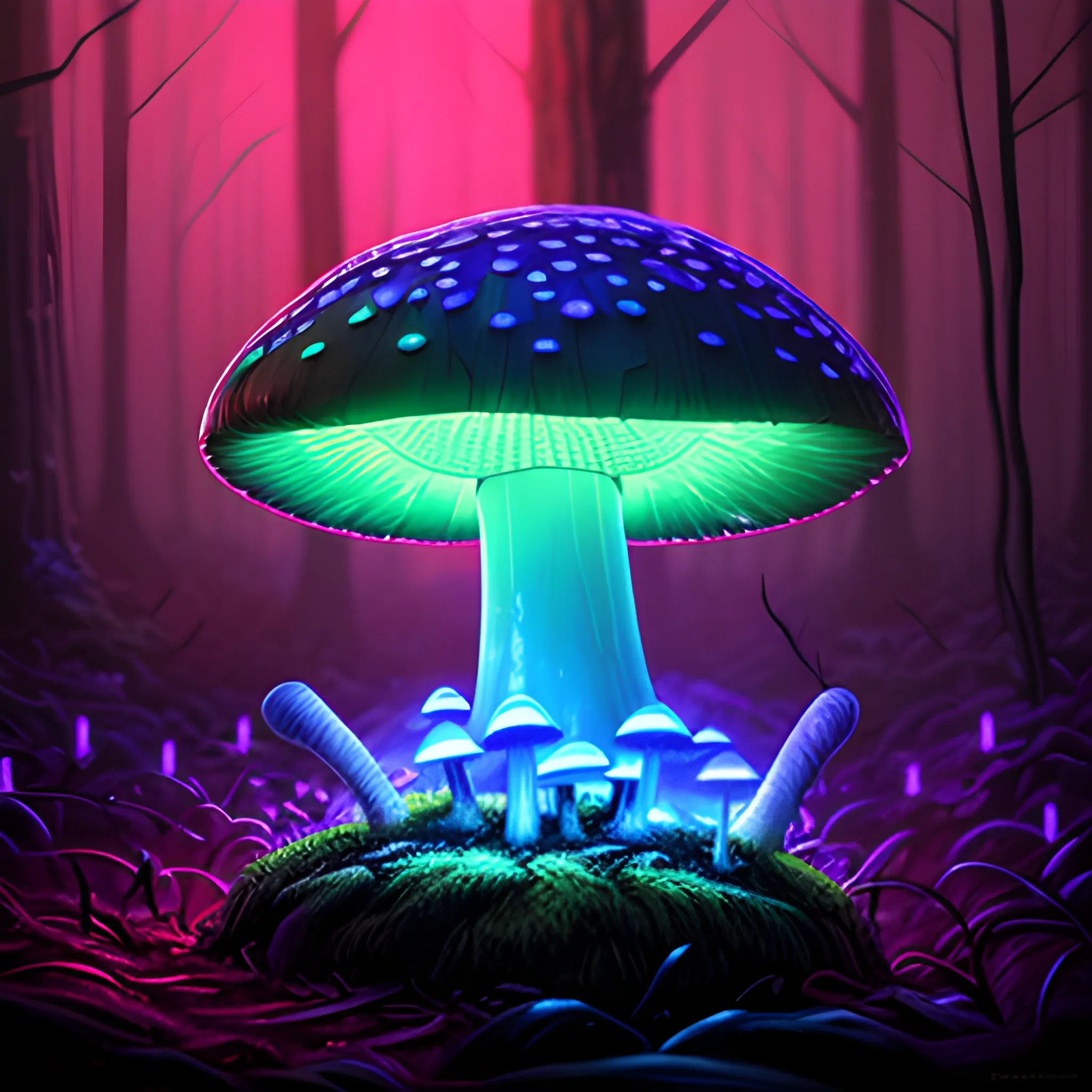 (dark shot:1. 1), luminous backlit glowing forest mushroom, drops, neon lights around the mushroom, faded, hyperdetailed, Oil Painting, 3D, 3D, Cartoon, Pencil Sketch