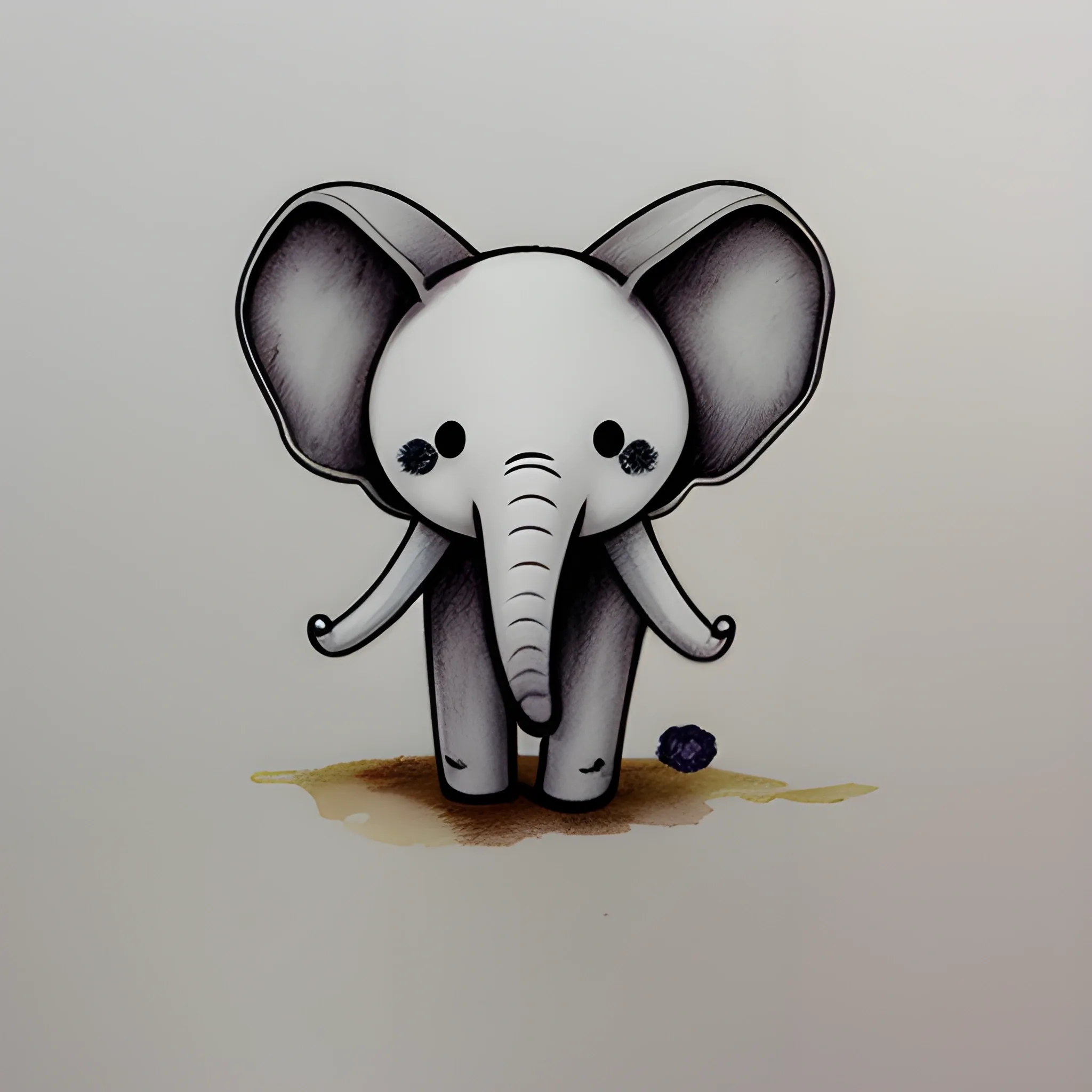 elefante kawaii, mono kawaii, pajarito kawaii, Cartoon, Pencil Sketch, Water Color