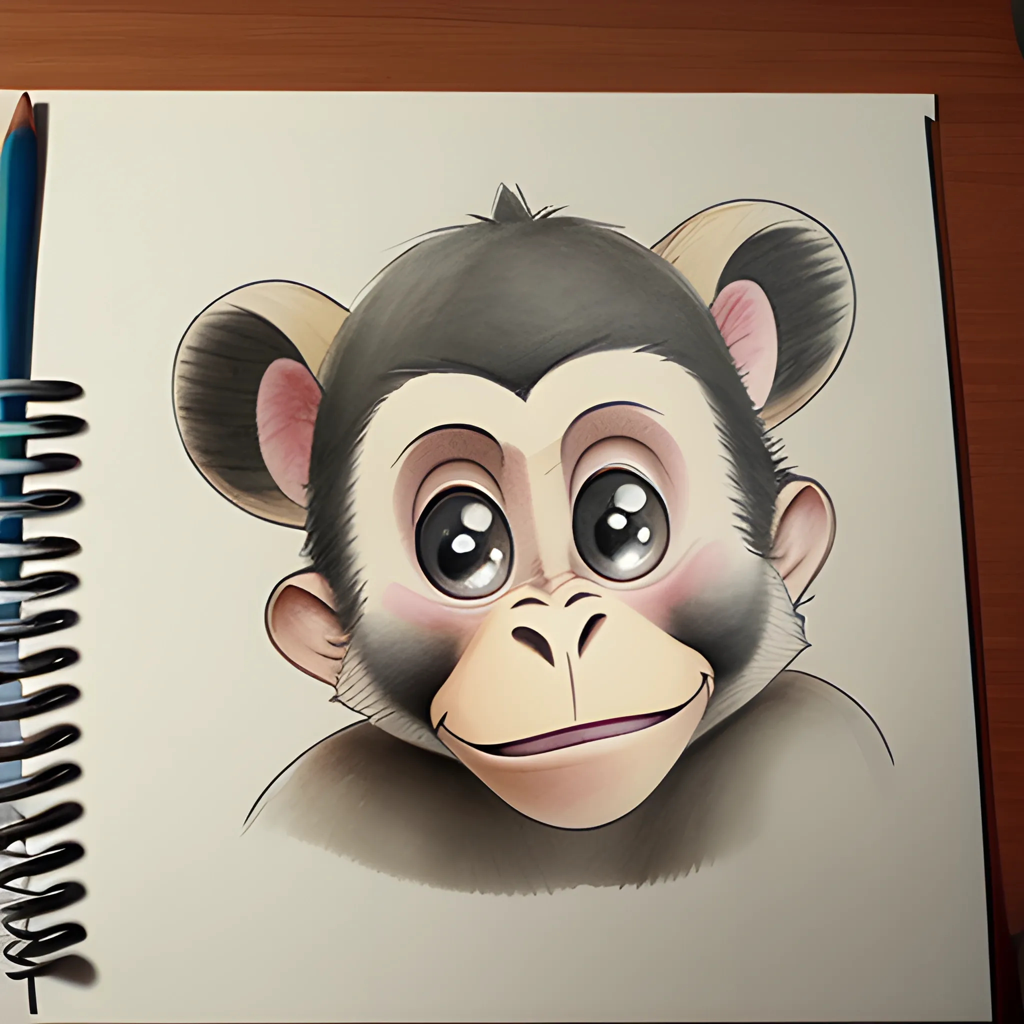 un macaco kawaii Cartoon, Pencil Sketch, Water Color