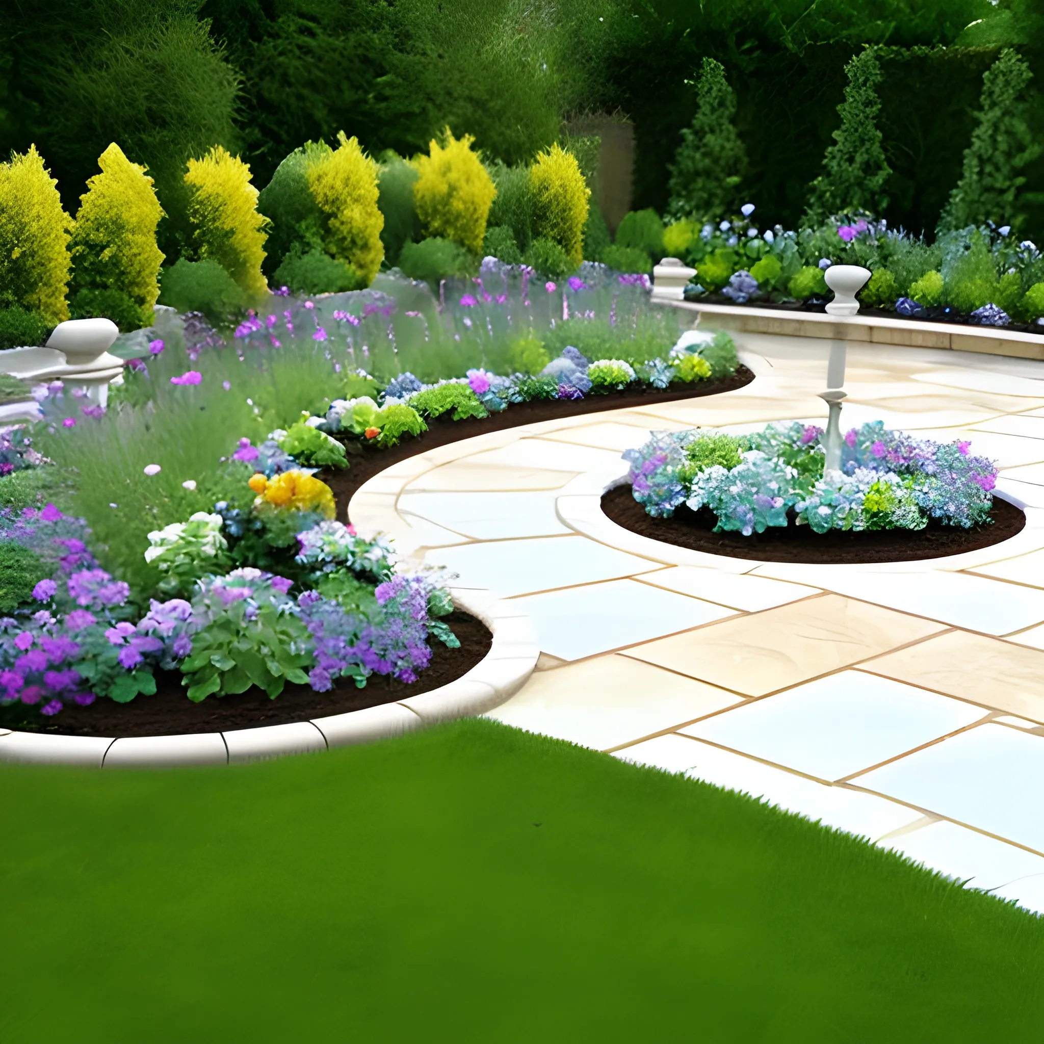 Design a garden with marble paving, with circular or curved flower beds surrounding the perimeter."