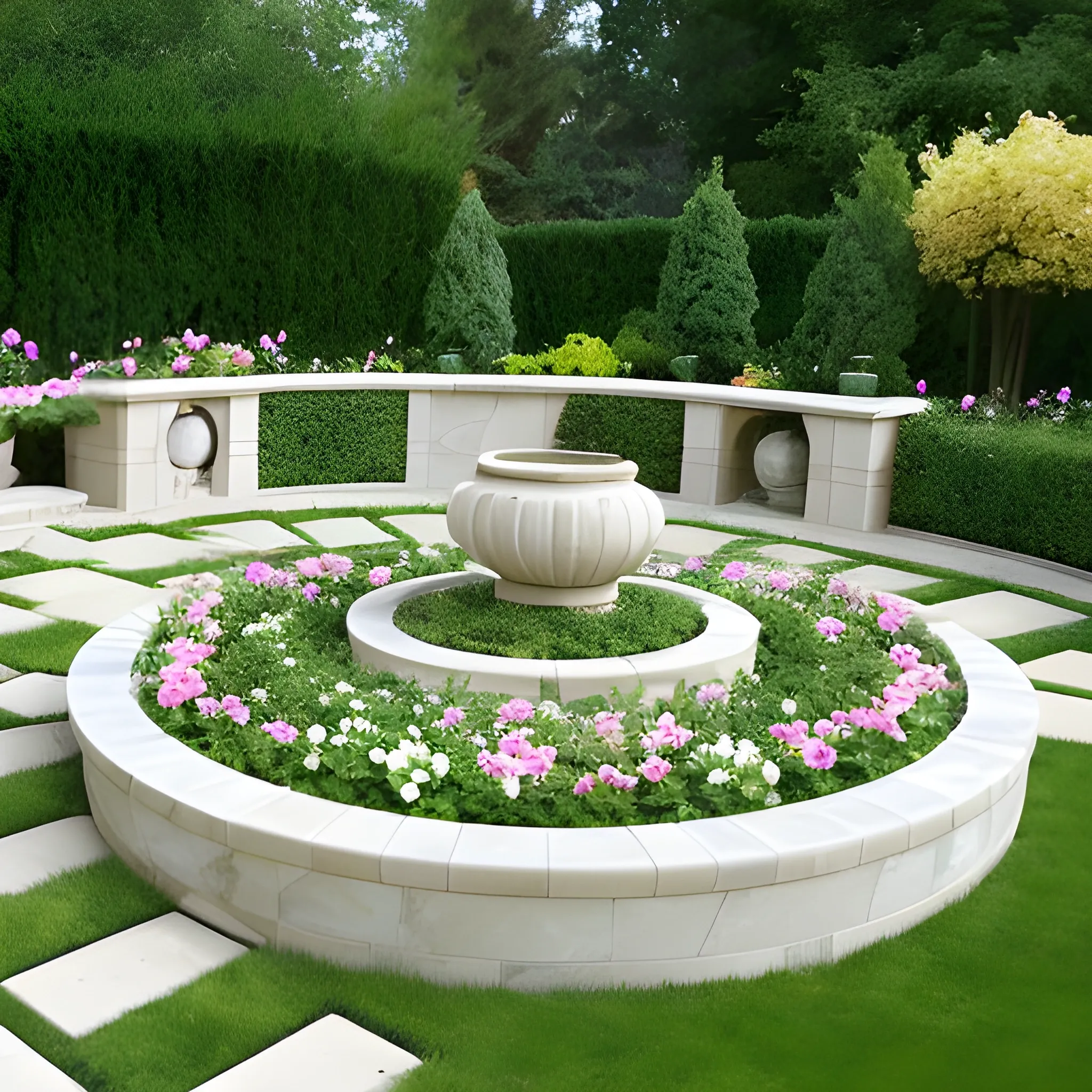 Design a garden with marble paving, with circular or curved flower beds surrounding the perimeter."