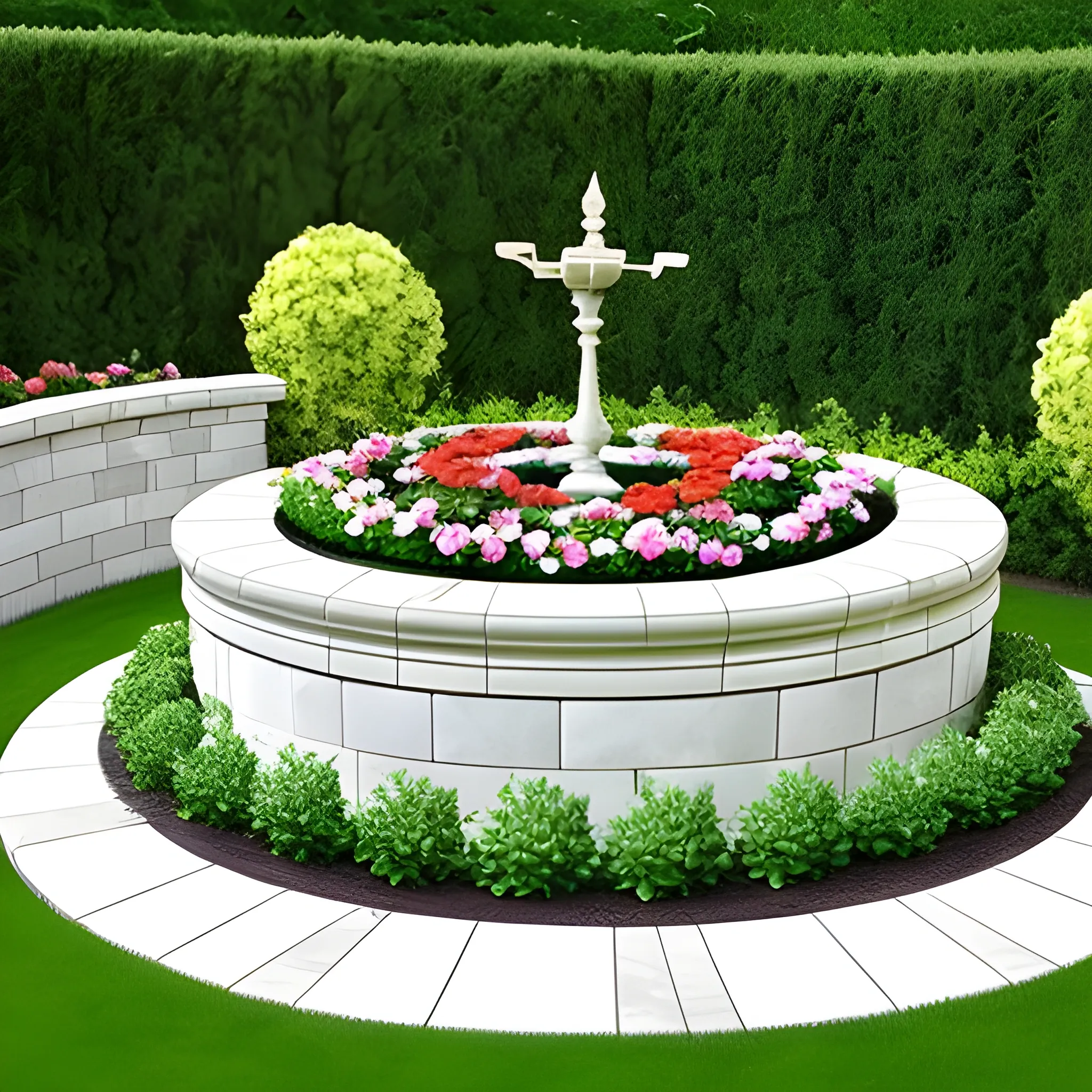 Design a garden with marble paving, circular or curved flower beds surrounding the perimeter, with a flower bed height of 40 centimeters."