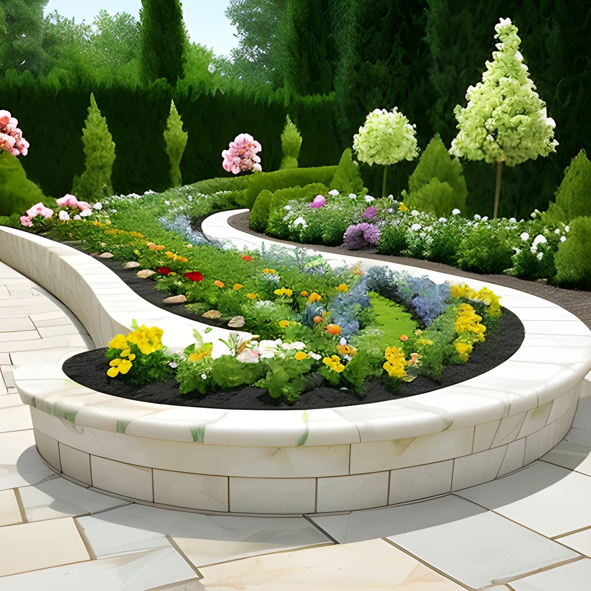 Design a garden with marble paving, curved flower beds surrounding the perimeter, with a flower bed height of 40 centimeters."
