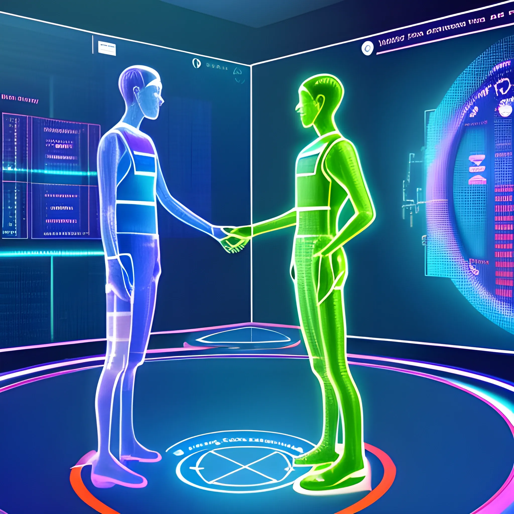 A virtual view of two holographic people, discussing a topic with leads, in a server environment with some touches of binary code on the stage, with blue monitor lighting