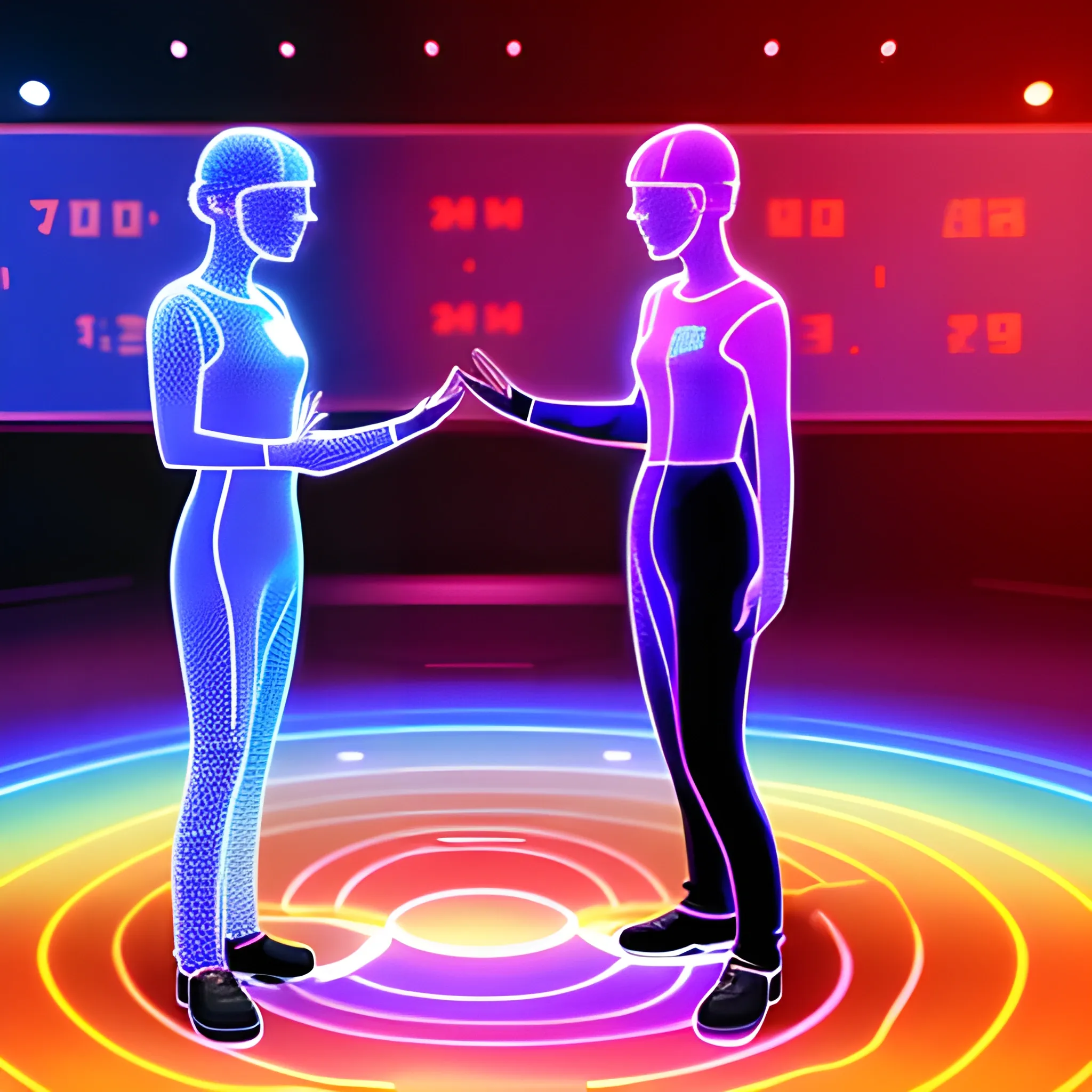 A virtual view of two holographic people, discussing a topic with leads, in a server environment with some touches of binary code on the stage, with blue monitor lighting