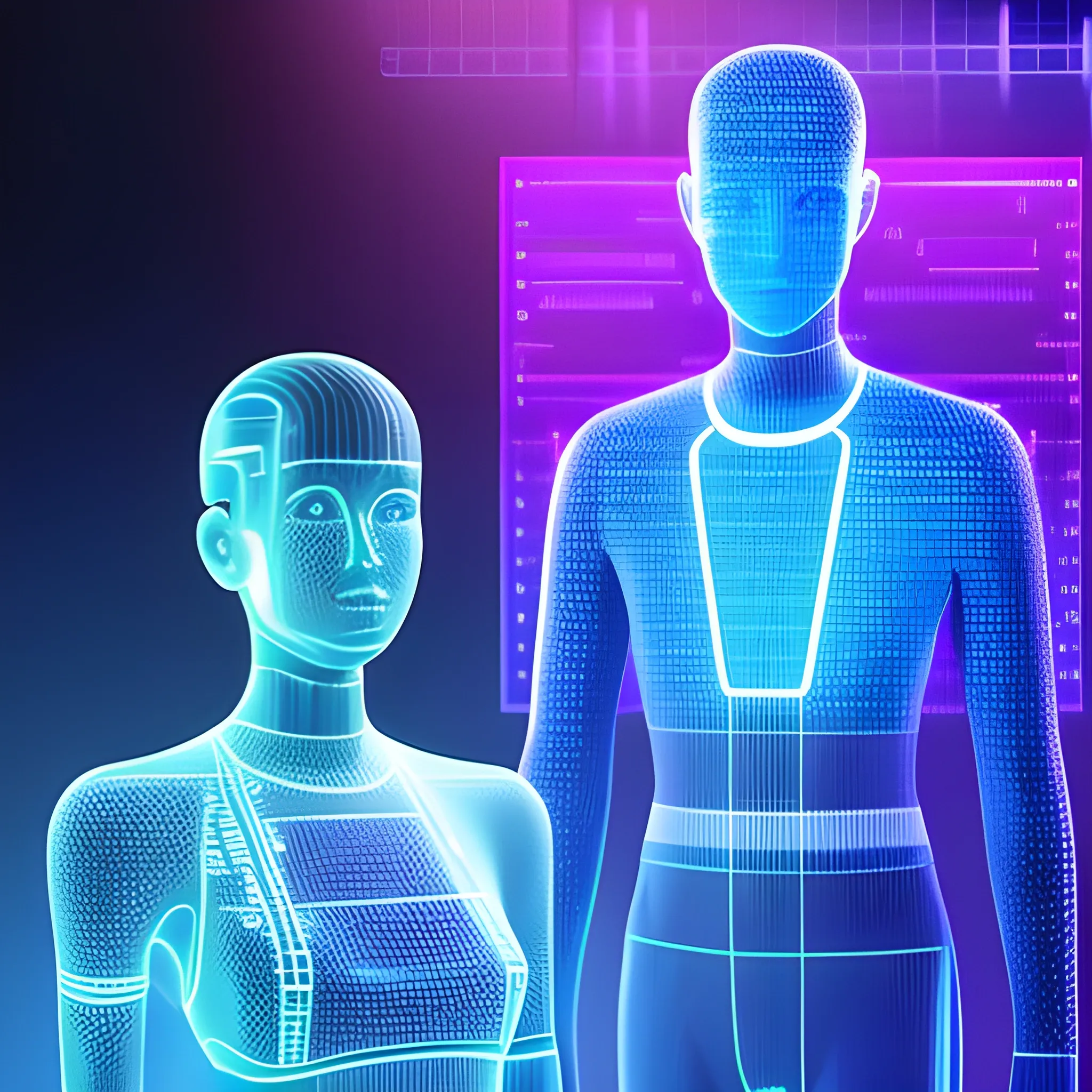 A virtual view of two holographic people, discussing a topic with leads, in a server environment with some touches of binary code on the stage, with blue monitor lighting, image with 16:9 ratio