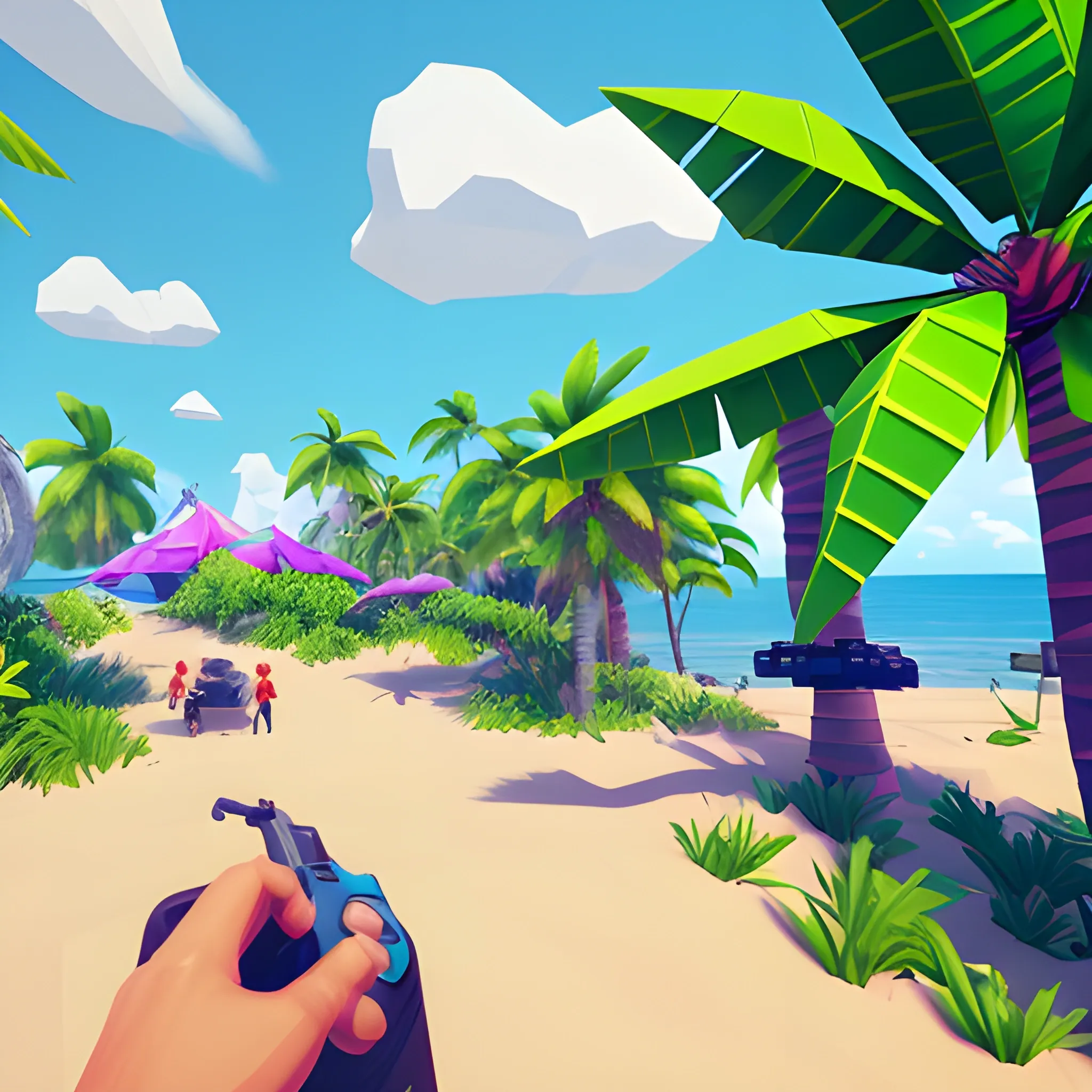 The gameplay of a videogame, 1990's vibes, low poly, 3d, environmental care game, tropical place, principal character in third person 