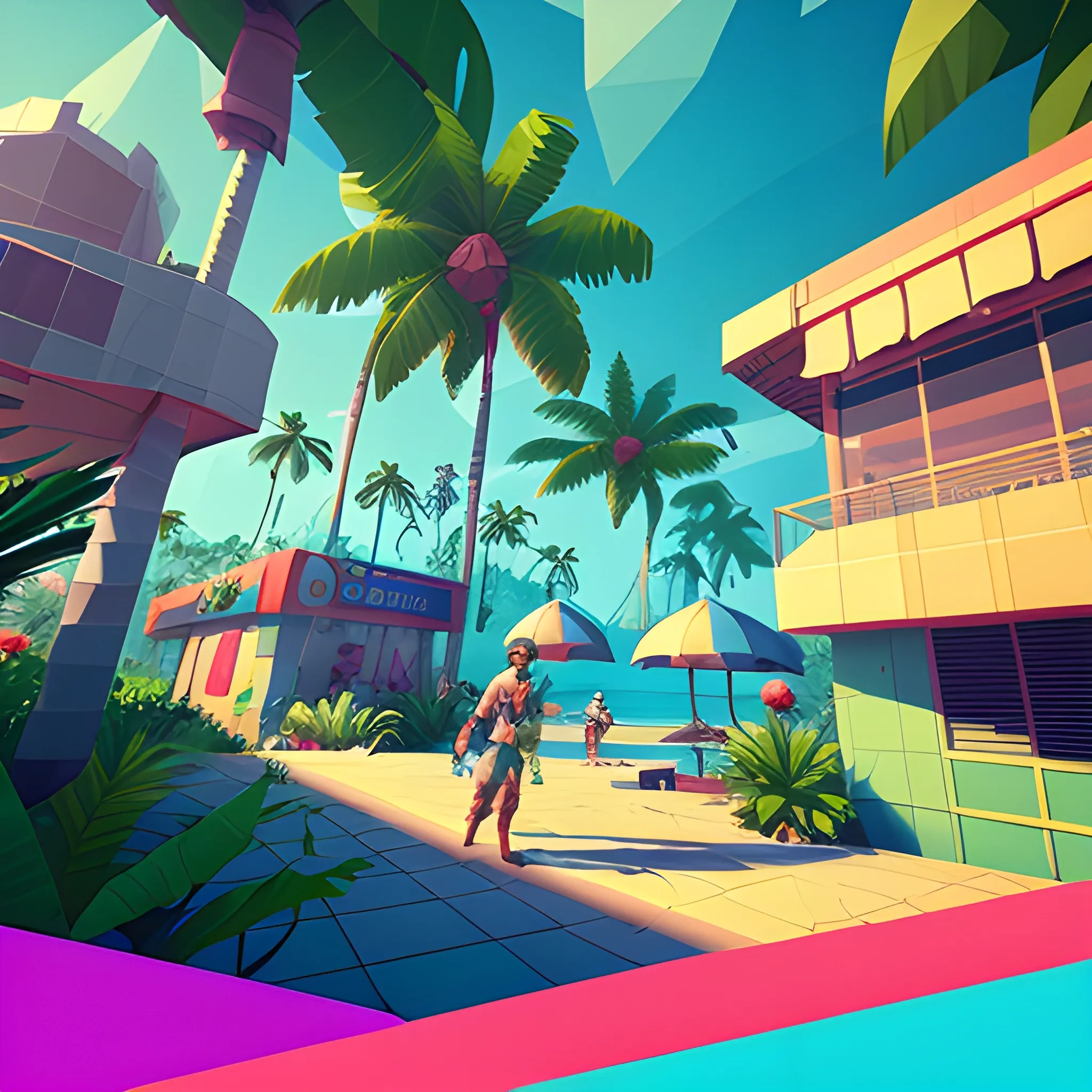 The gameplay of a videogame, 1980's vibes, low poly, 3d, environmental care game, tropical place, principal character in third person 