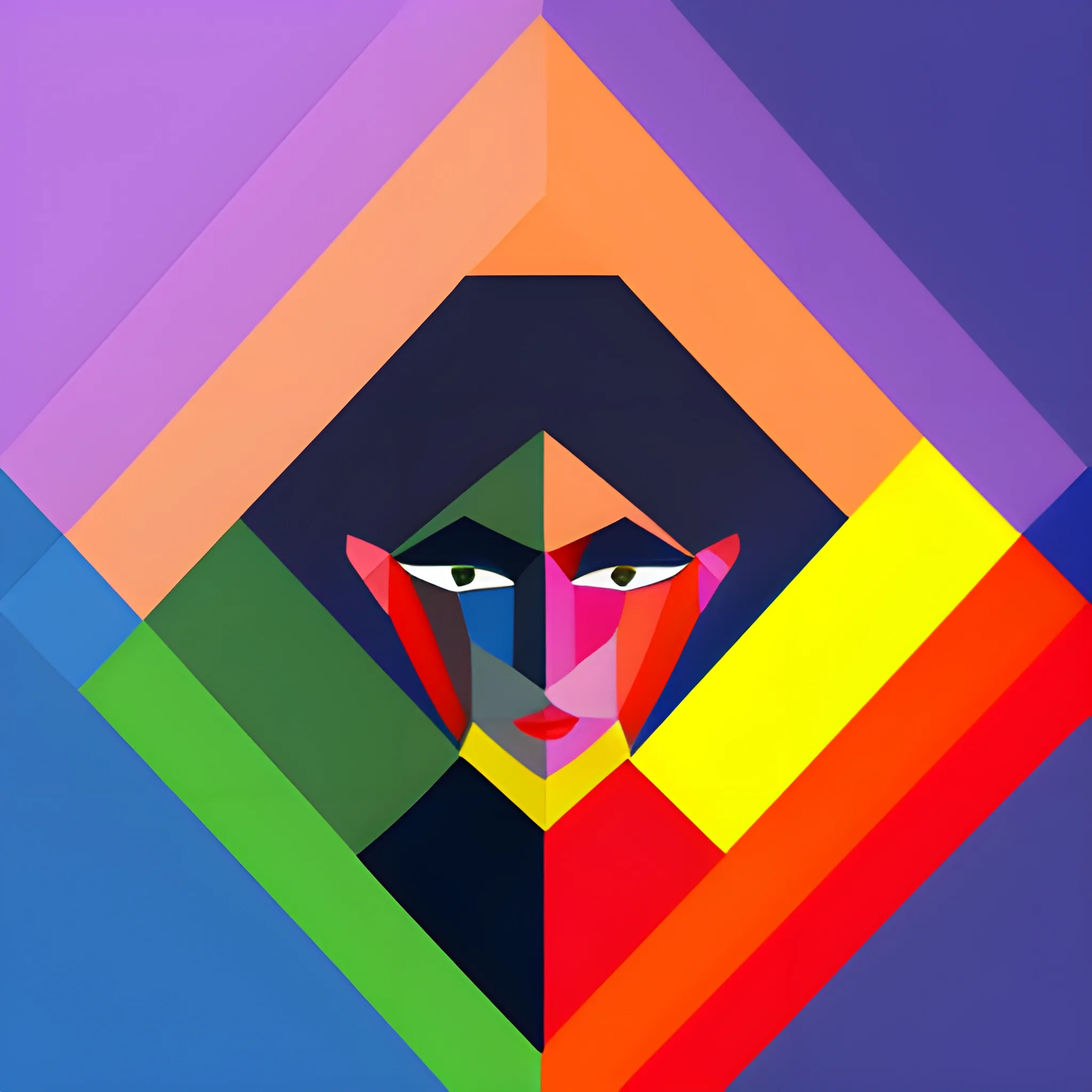 A painting made up of color blocks; the color blocks have sharp edges and corners; the color blocks are mostly bright; the color blocks look like a woman,more details