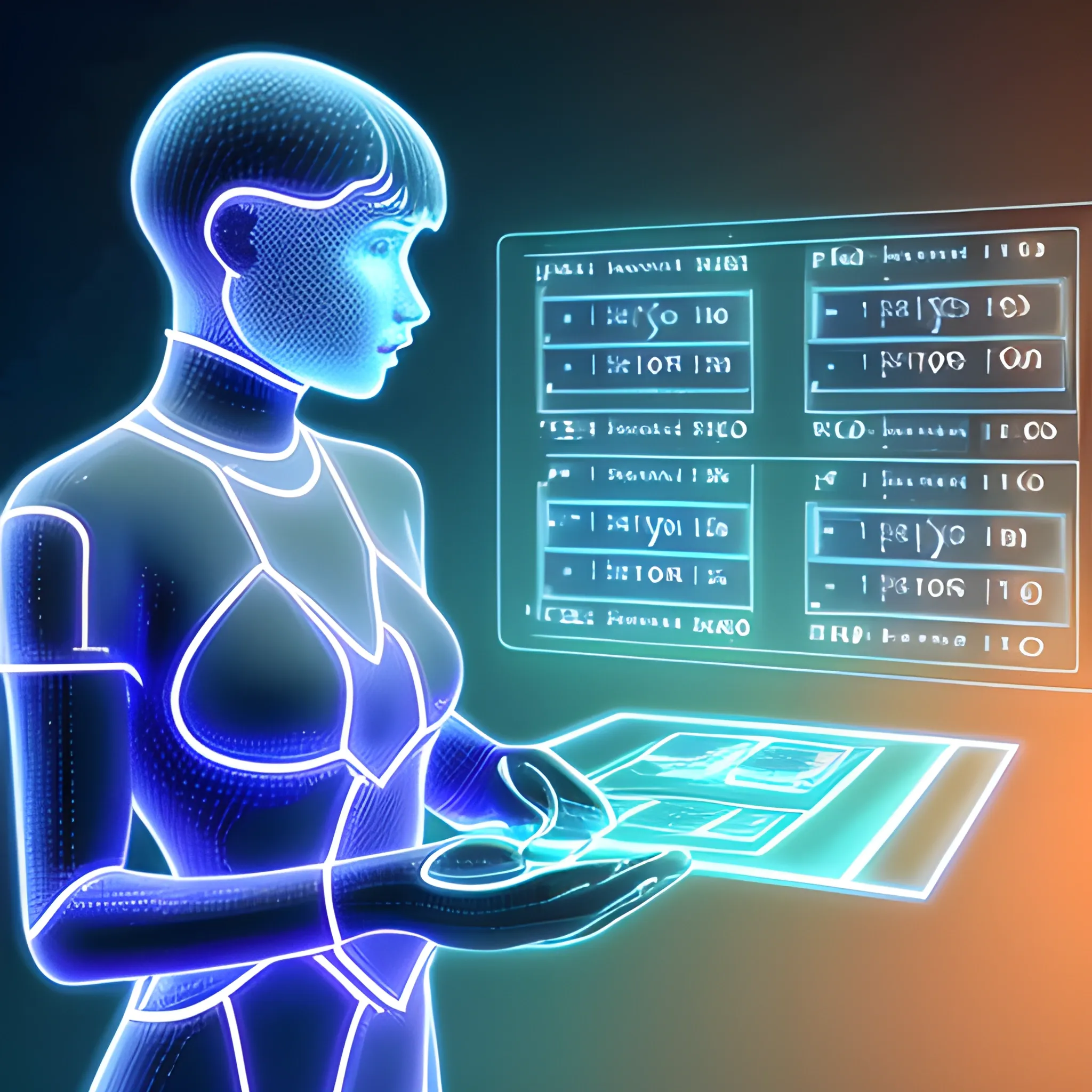 A virtual view of two holographic people, filling out a topic form with leads, in a server environment with some touches of binary code on stage, with blue monitor lighting