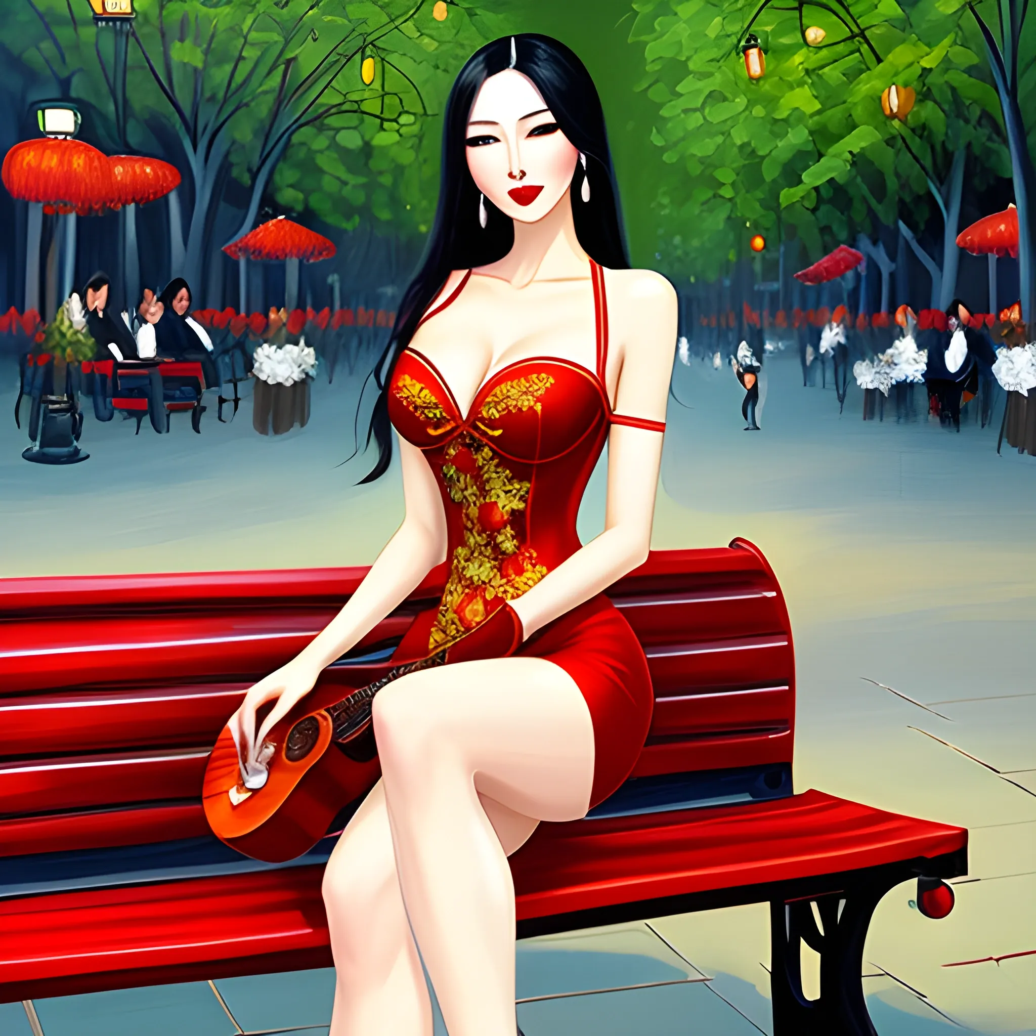 Create a painting of a seductive Chinese girl in alluring attire, with long hair, green eyes, and red lips, sitting on a park bench playing a guitar under the evening streetlights.