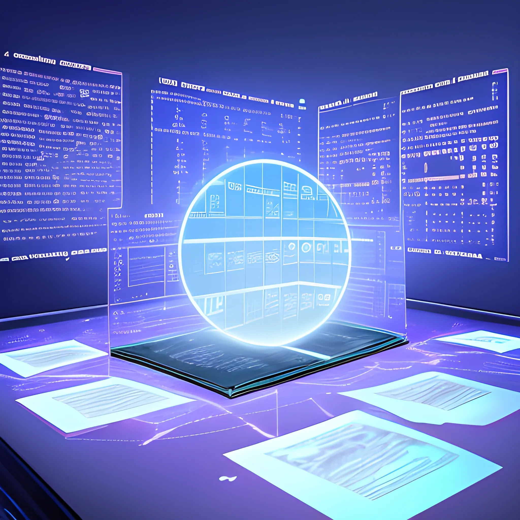 A virtual view of a group of holographic books, with the pages exposed and added from above with binary code, in a server environment, with blue monitor lighting