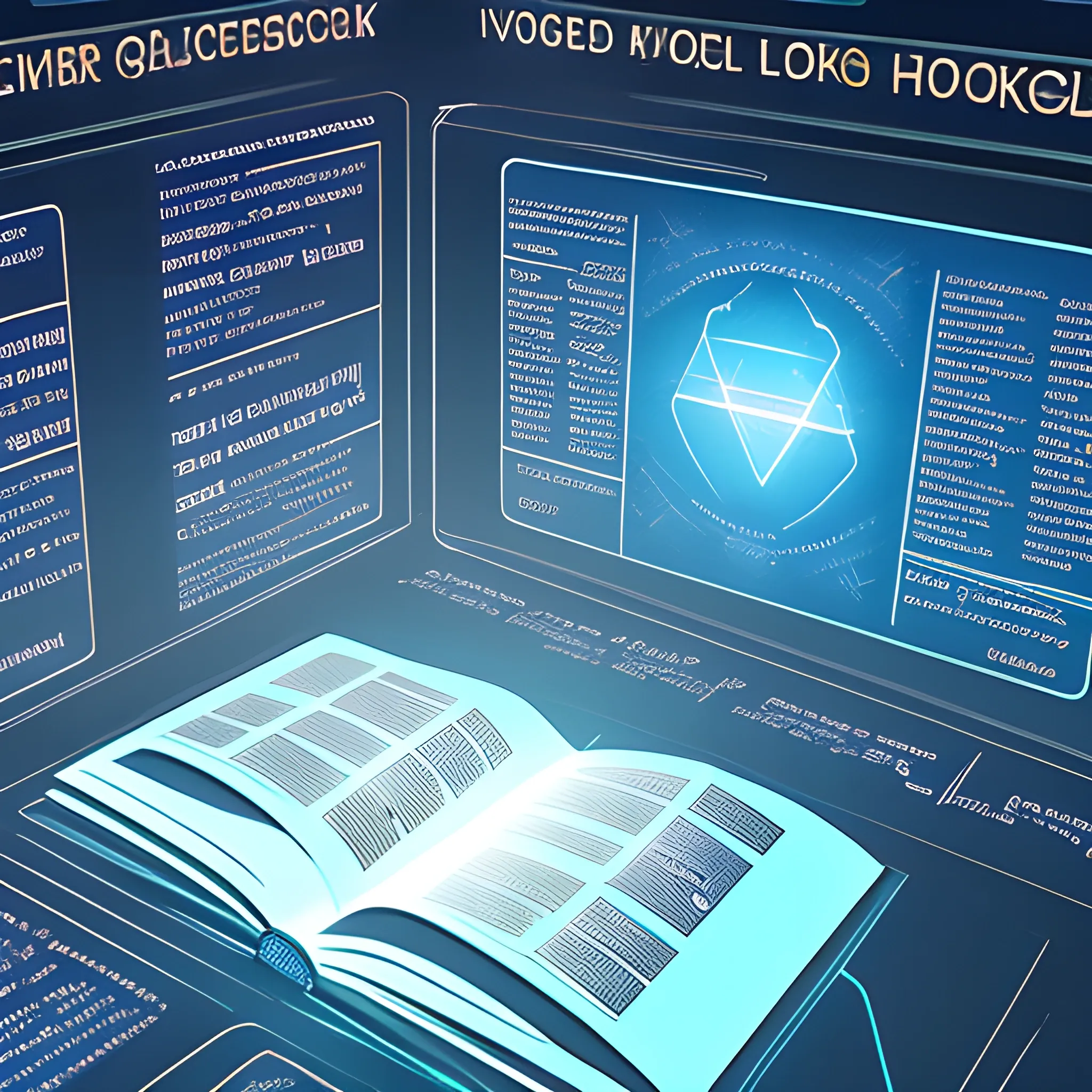 A virtual view of a group of holographic books, with the pages exposed and added from above with binary code, in a server environment, with blue monitor lighting