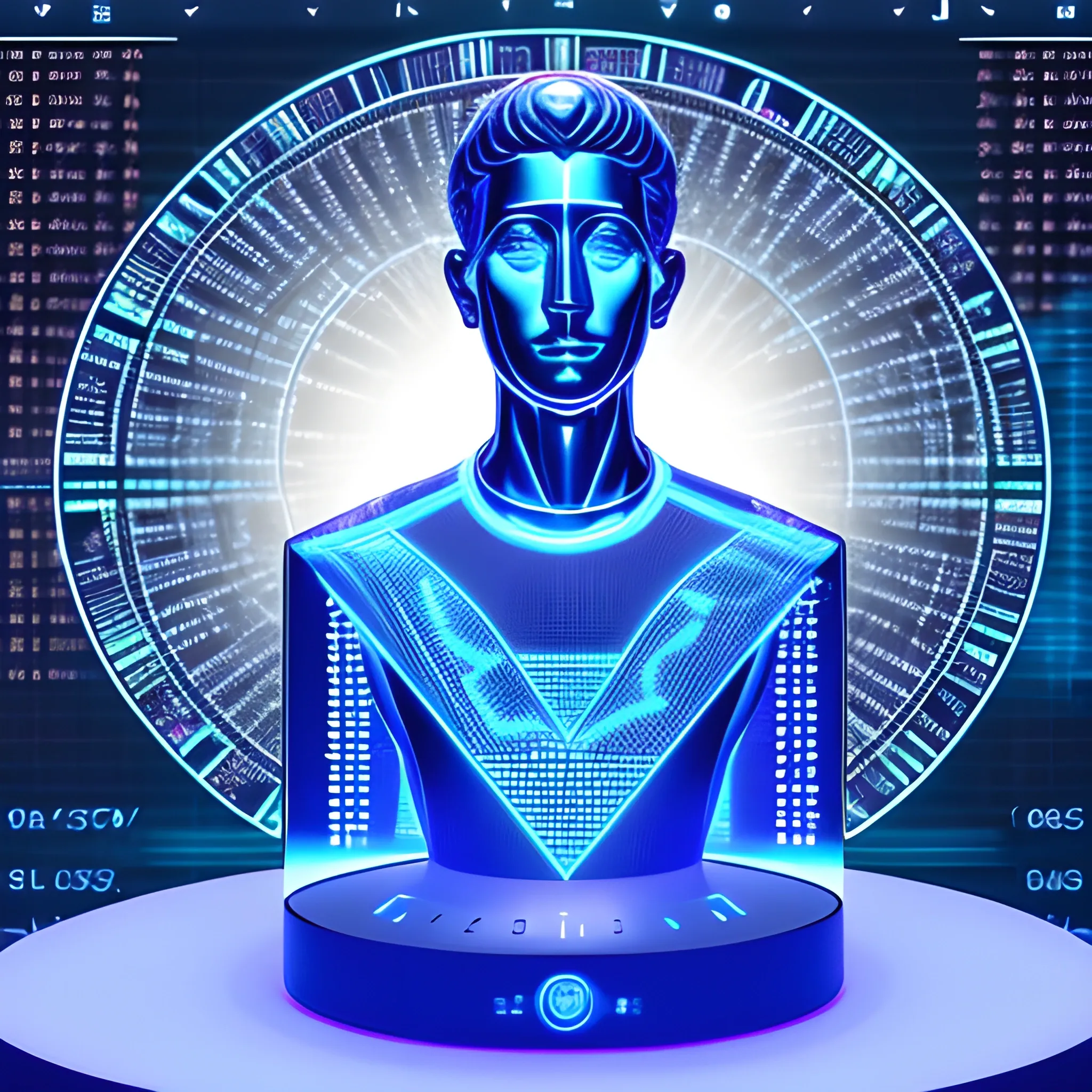 A virtual view of the holographic thinker statue, with ideas displayed in binary code, in a server environment, with blue monitor lighting