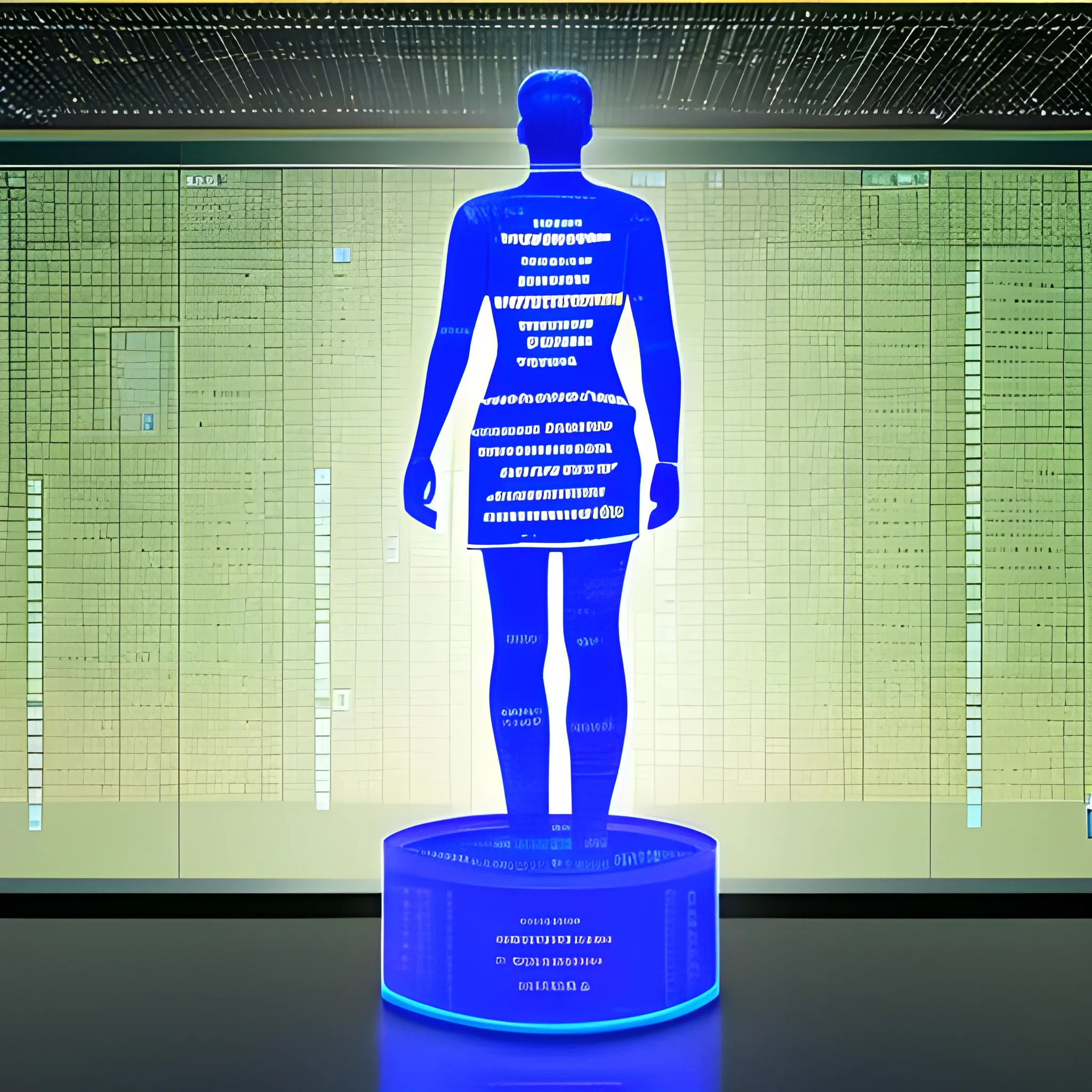 A virtual view of the holographic thinker statue, with ideas displayed in binary code, in a server environment, with blue monitor lighting