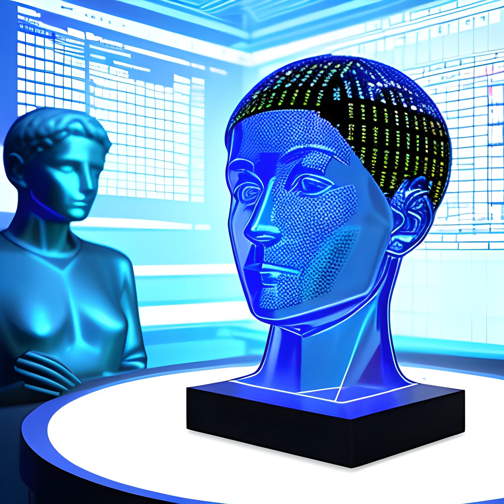 A virtual view of the holographic thinker statue, with head tilted and right hand on chin, with ideas displayed in binary code, in a server environment, with blue monitor lighting