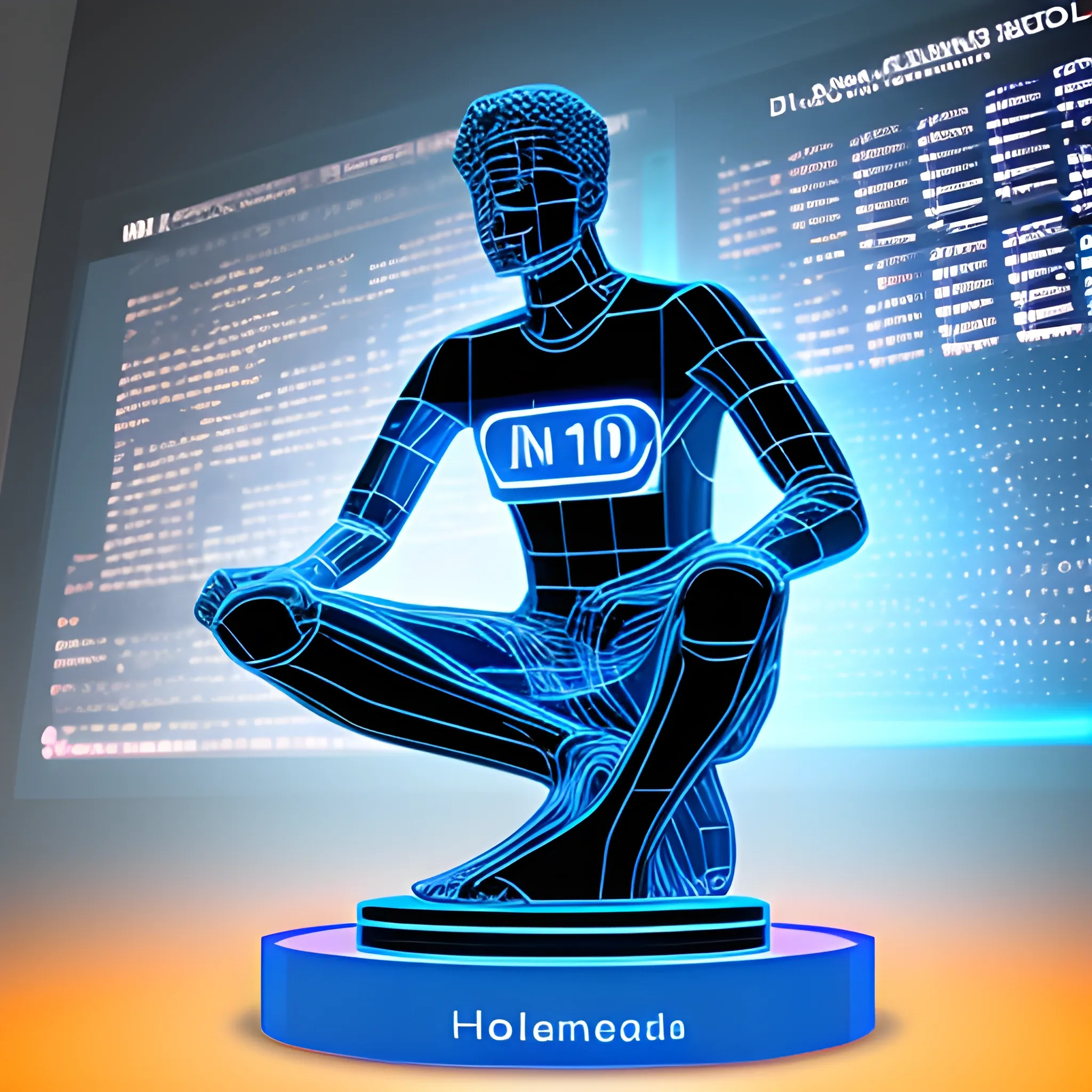 A virtual view of the holographic thinker statue, with head tilted and right hand on chin, with ideas displayed in binary code, in a server environment, with blue monitor lighting