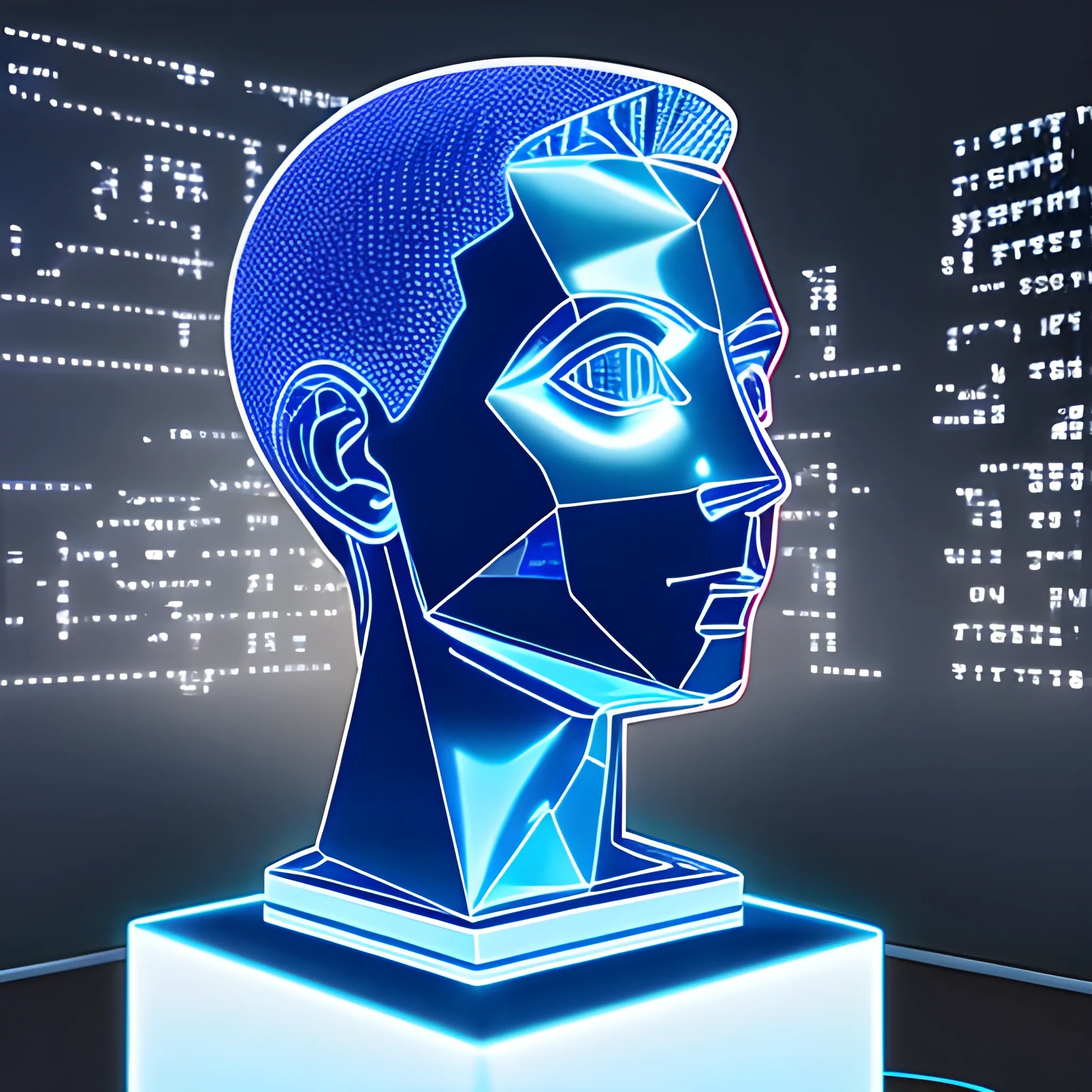 A virtual view of the holographic thinker statue, with head tilted and right hand on chin, with ideas displayed in binary code, in a server environment, with blue monitor lighting