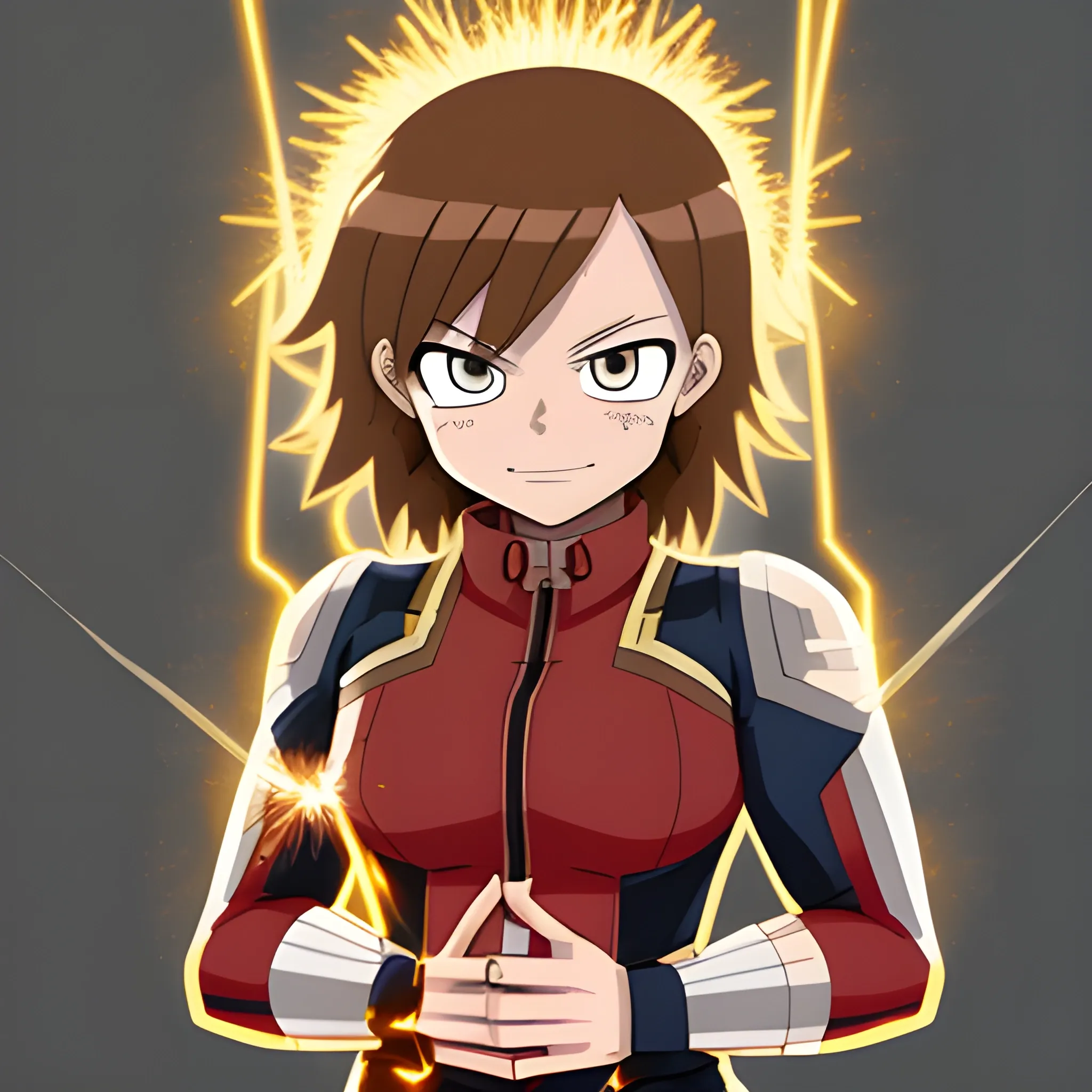 my hero academia oc with brown hair and sparks on hands
