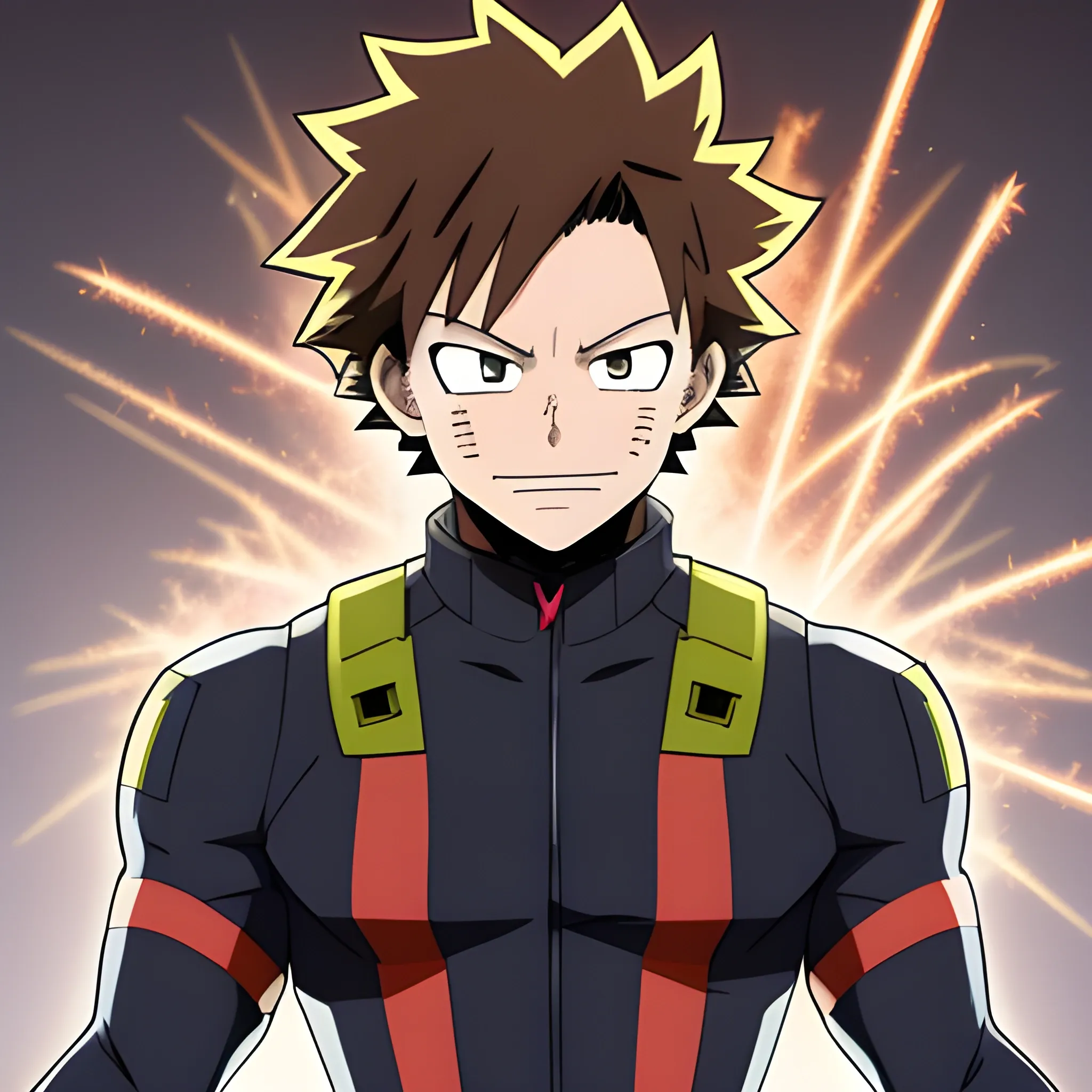 my hero academia male oc with brown hair and sparks on hands
