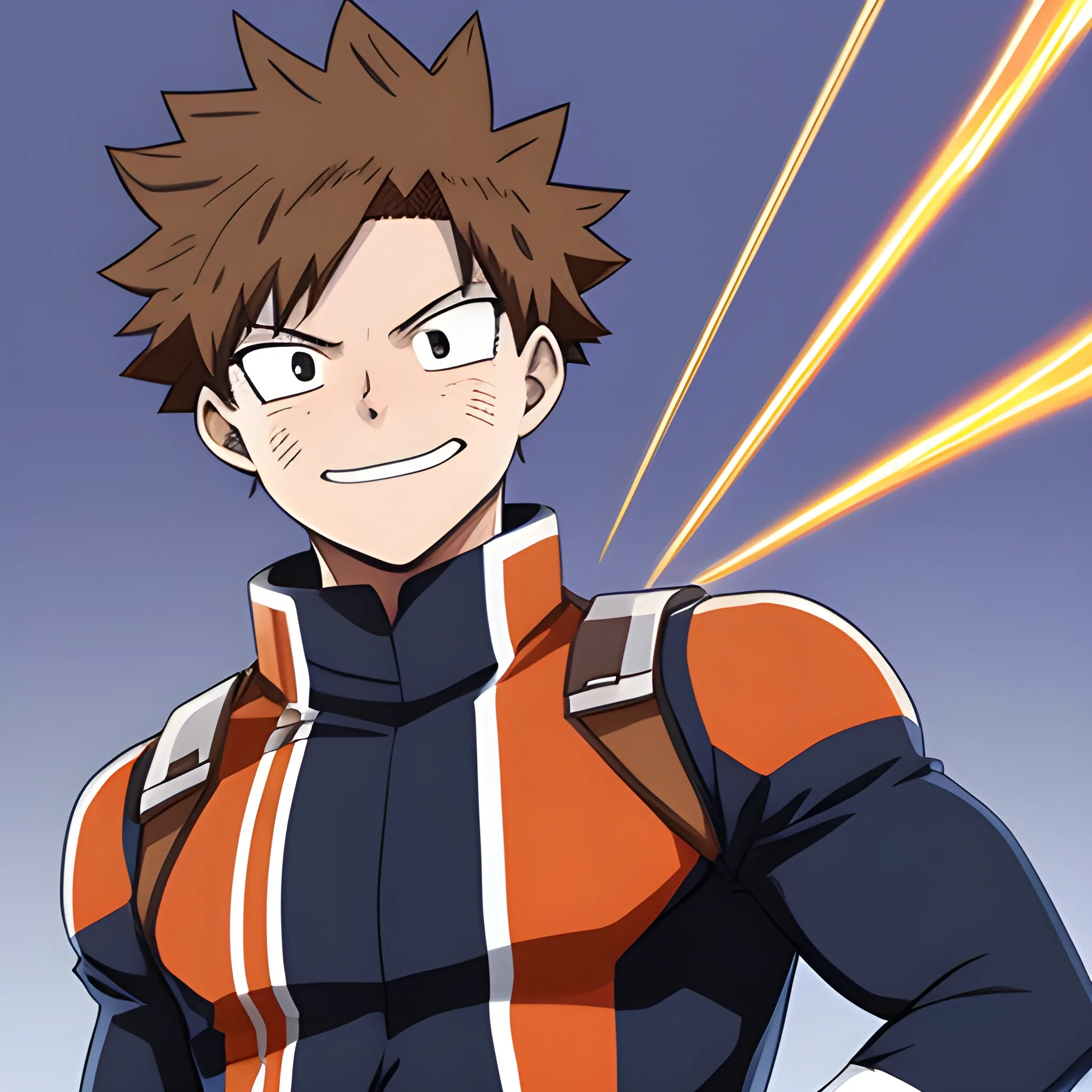 my hero academia male oc with brown hair and sparks on hands in ua uniform
