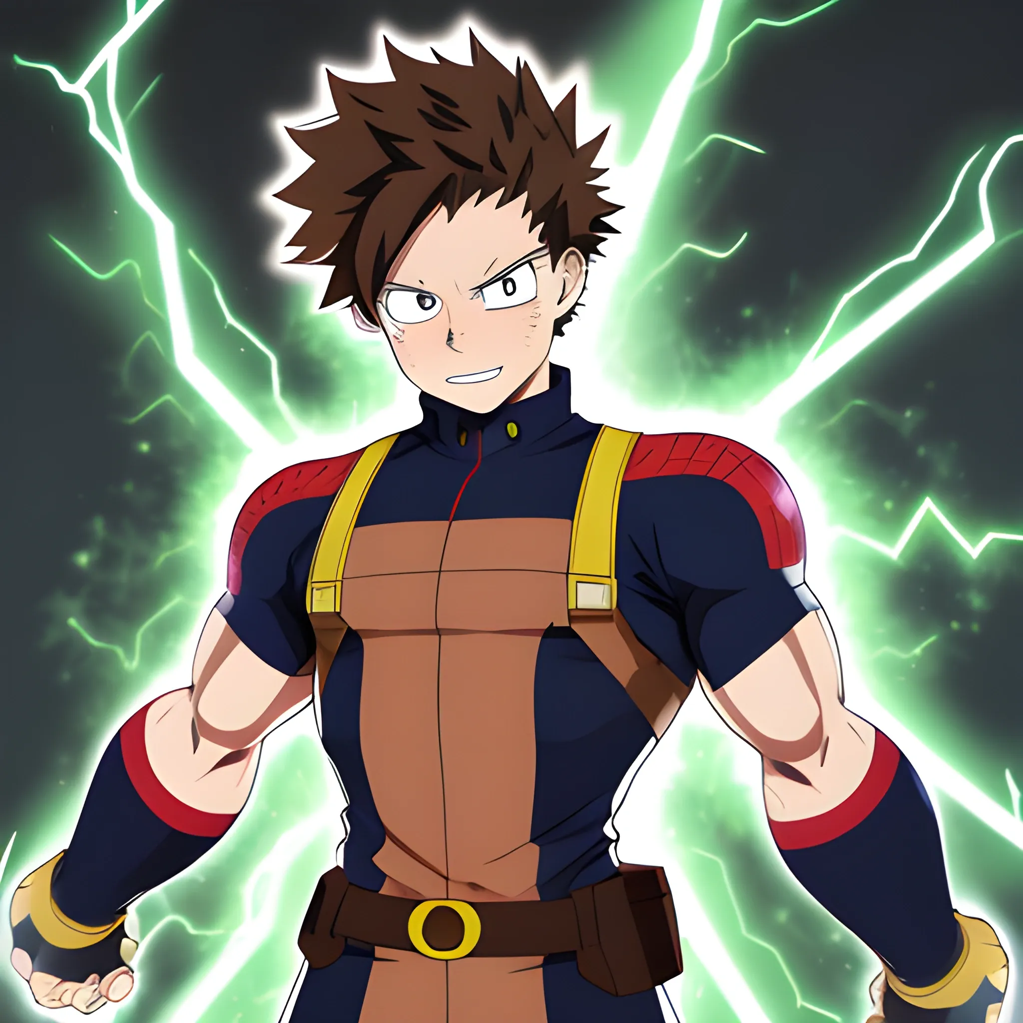 my hero academia male oc with brown hair and sparks comming out of hands