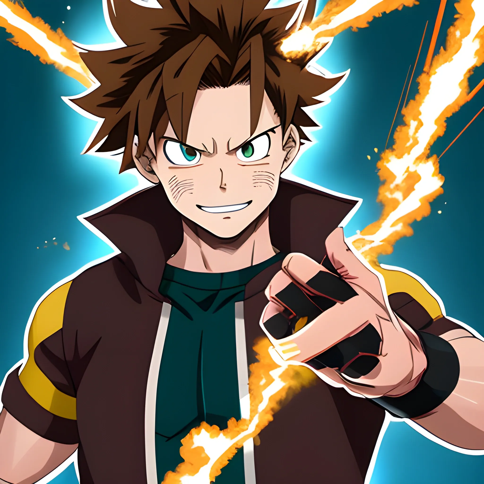 my hero academia male oc with brown hair and sparks comming out of hands