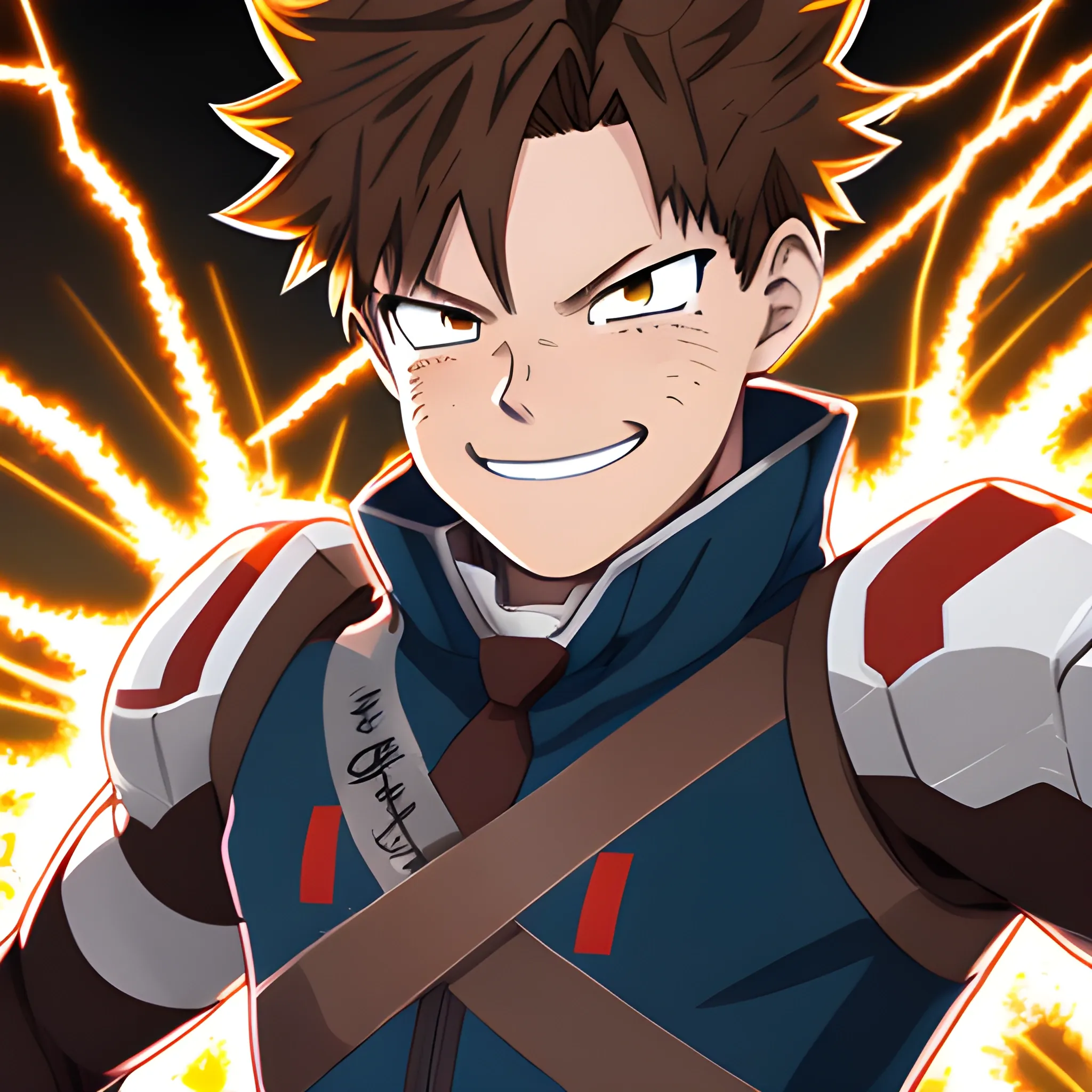 my hero academia male oc with brown hair and brown eyes and sparks comming out of hands