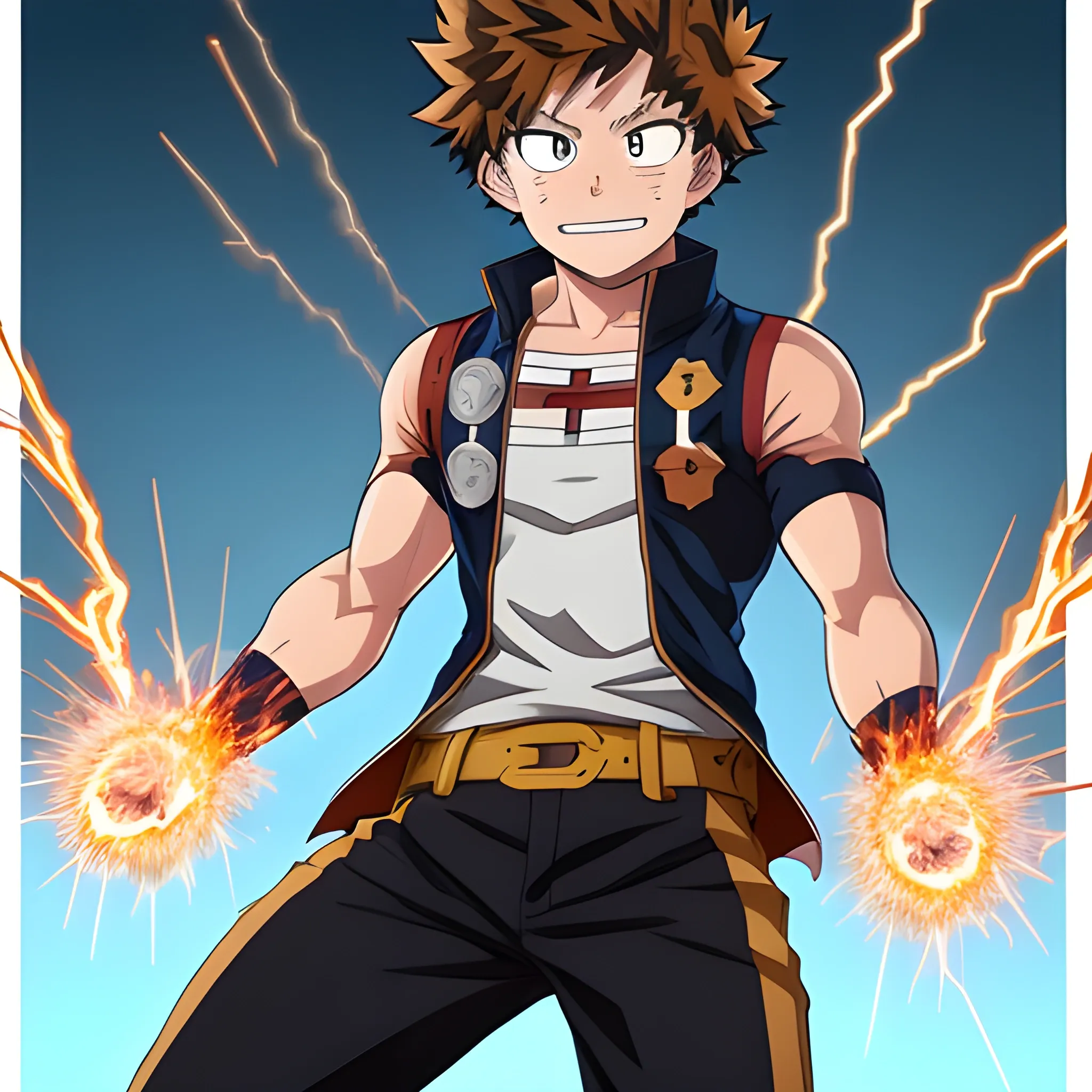 my hero academia male oc with brown hair and brown eyes and sparks comming out of hands