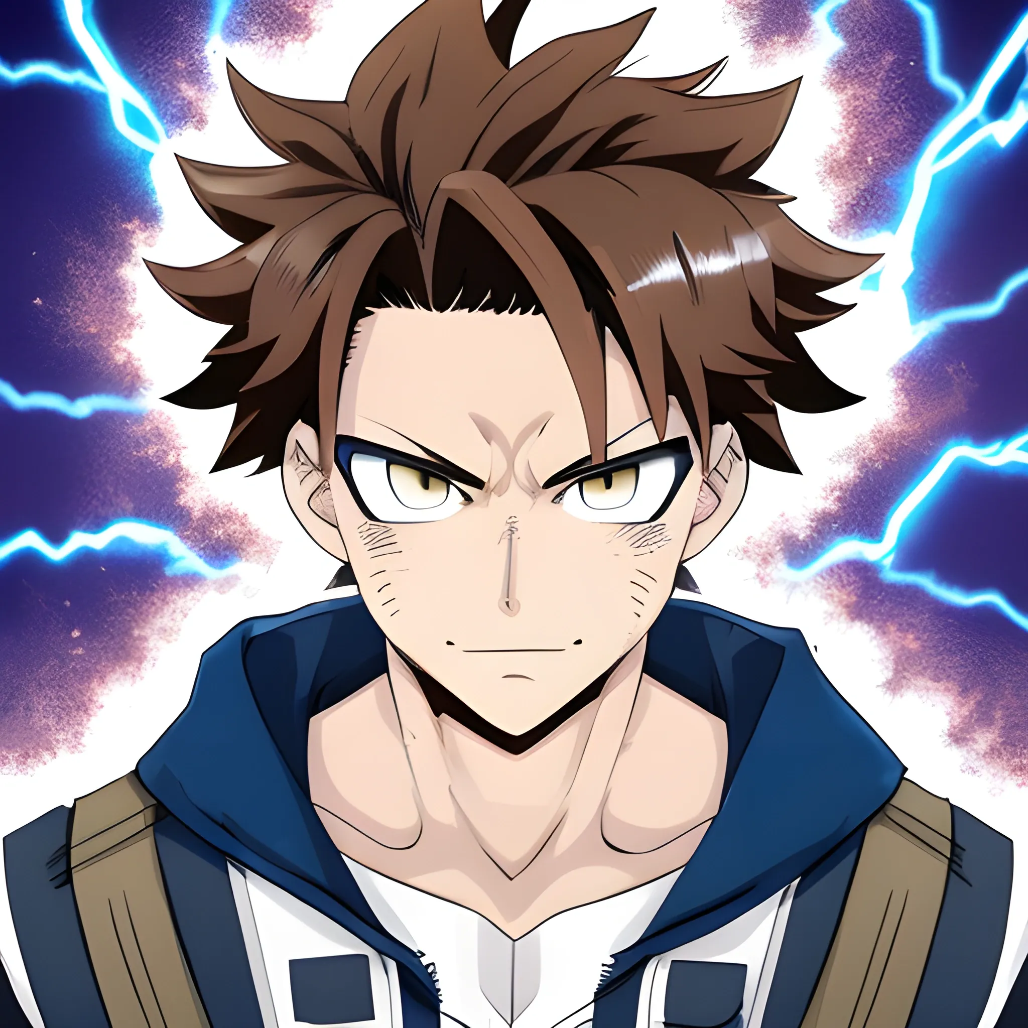 my hero academia male oc with brown hair and brown eyes and blue sparks comming out of hands