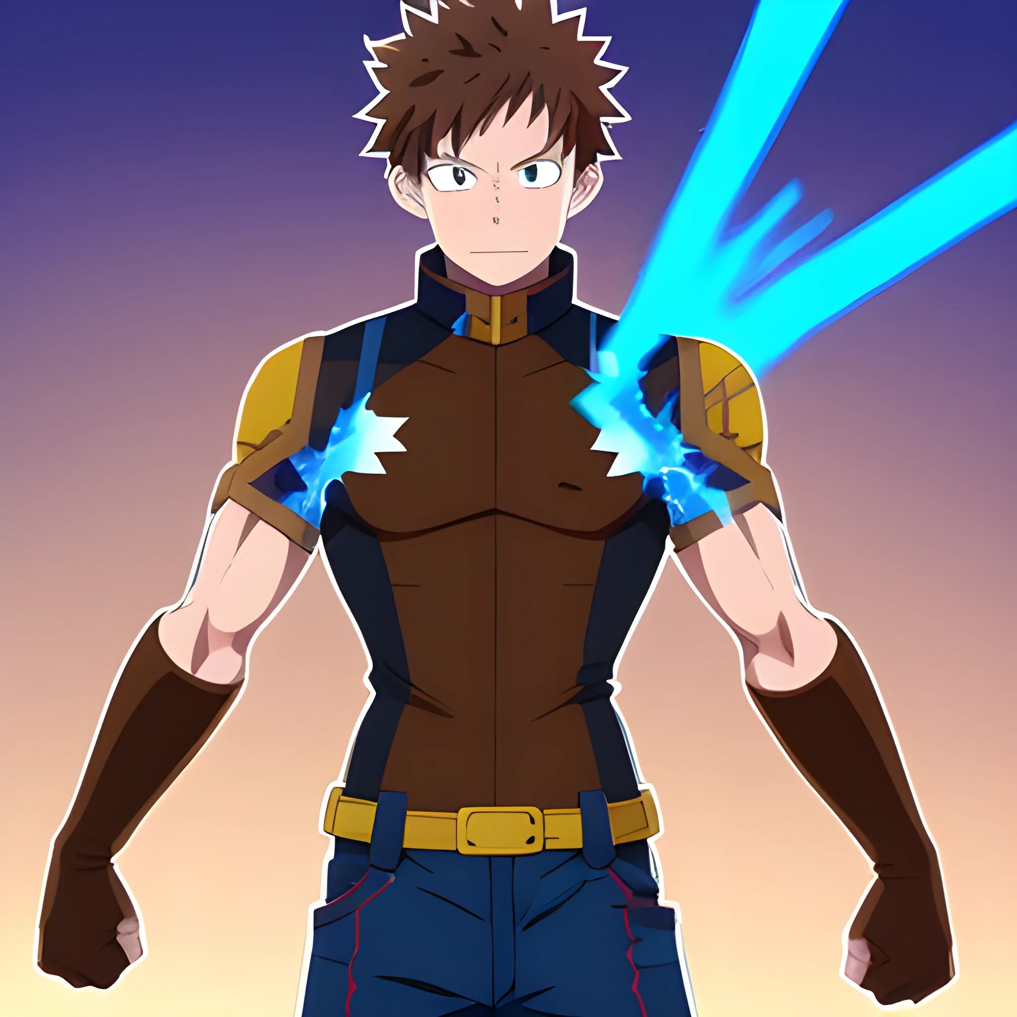 my hero academia male oc with brown hair and brown eyes and blue sparks coming out of hands