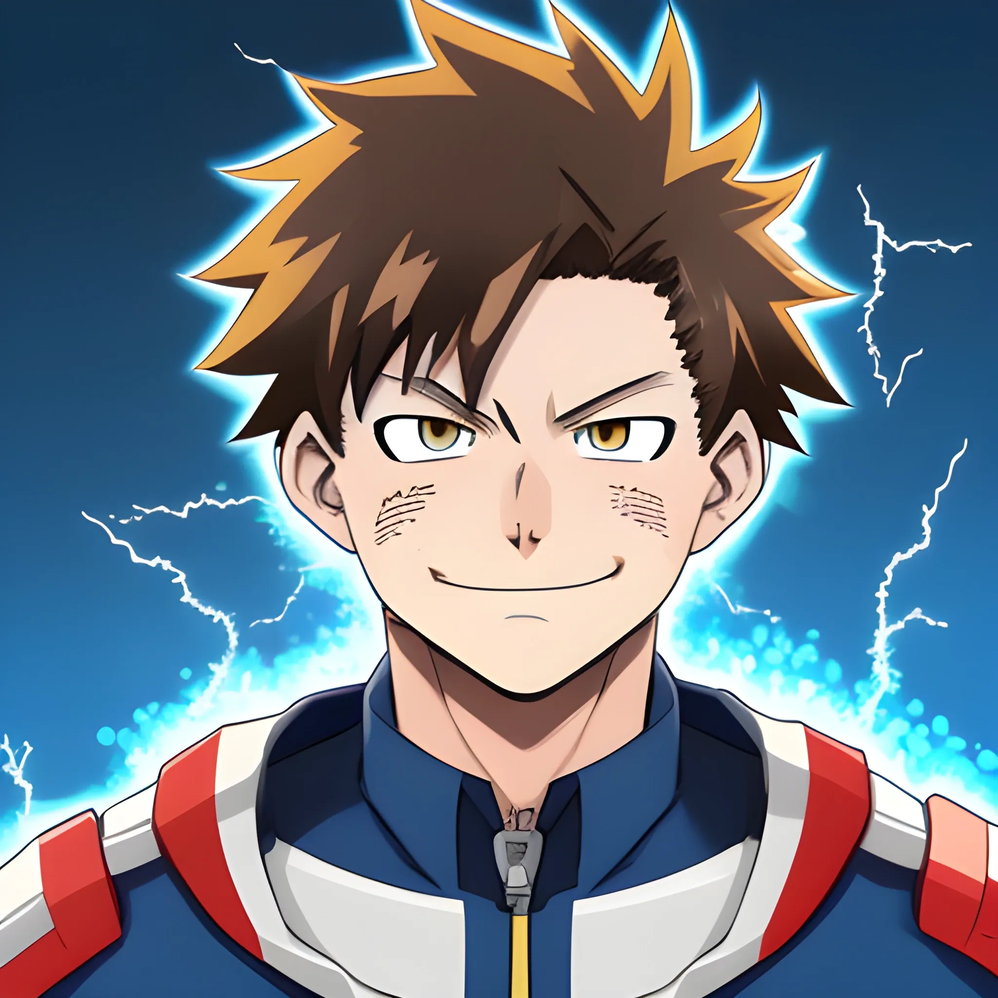 my hero academia male oc with brown hair and brown eyes and blue sparks coming out of hands