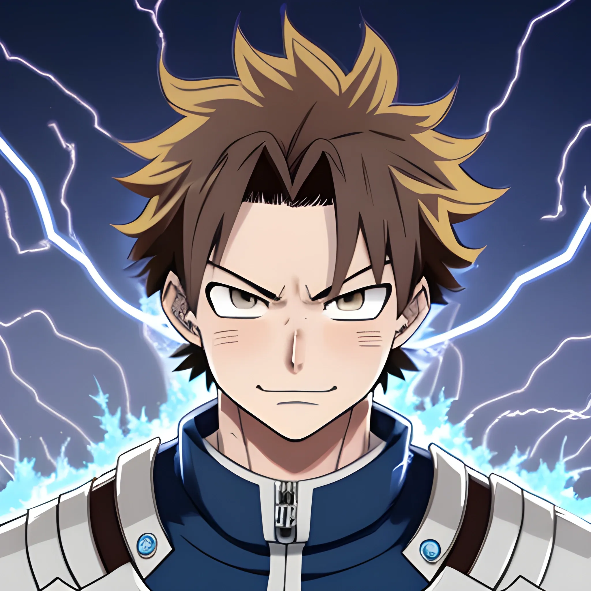 my hero academia male oc with brown hair and brown eyes and blue sparks coming out of hands